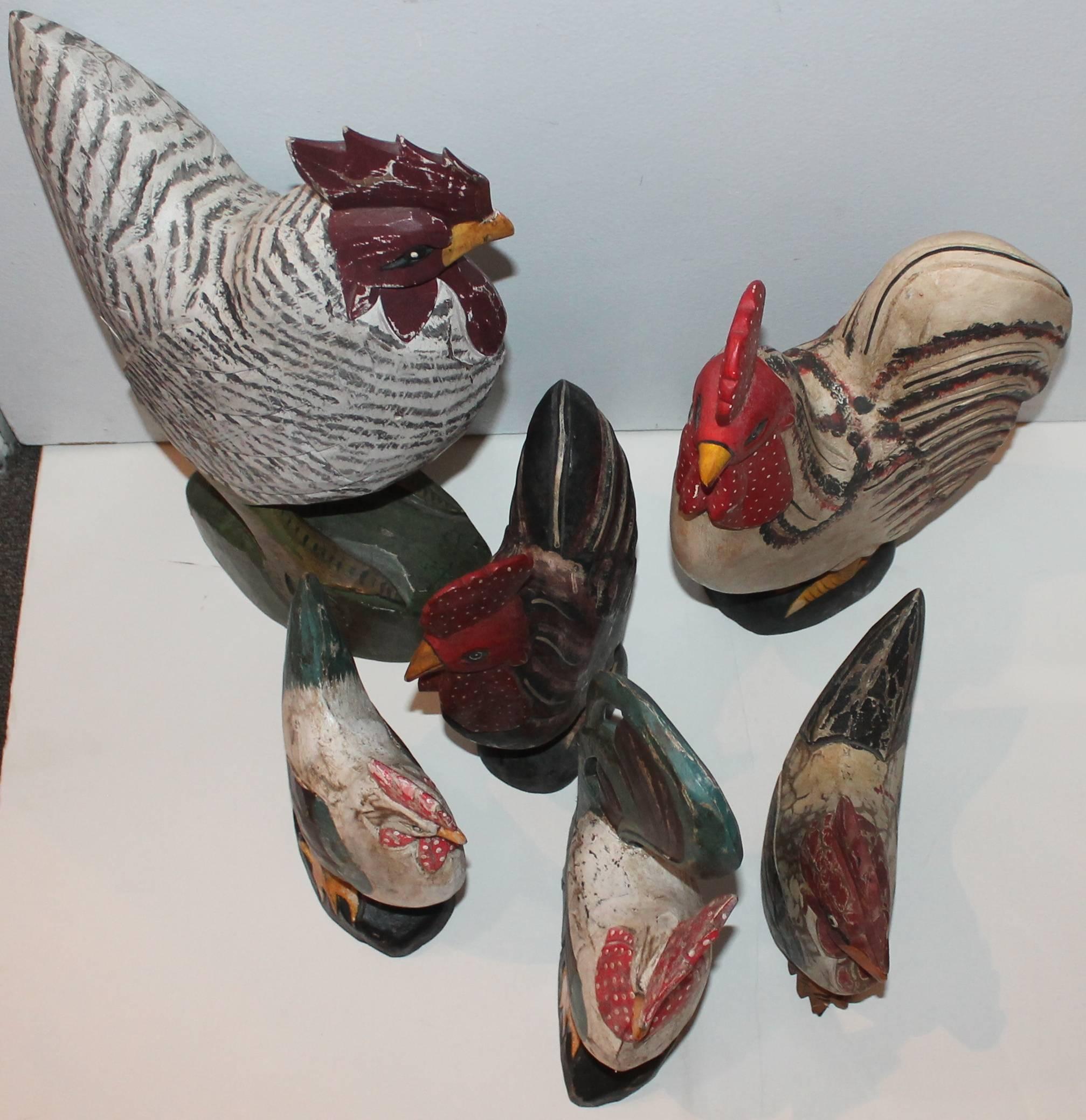 Wood Collection of Six Folk Art Hand-Carved and Painted Roosters