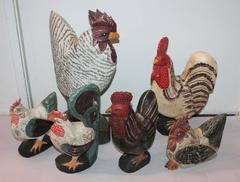 Collection of Six Folk Art Hand-Carved and Painted Roosters