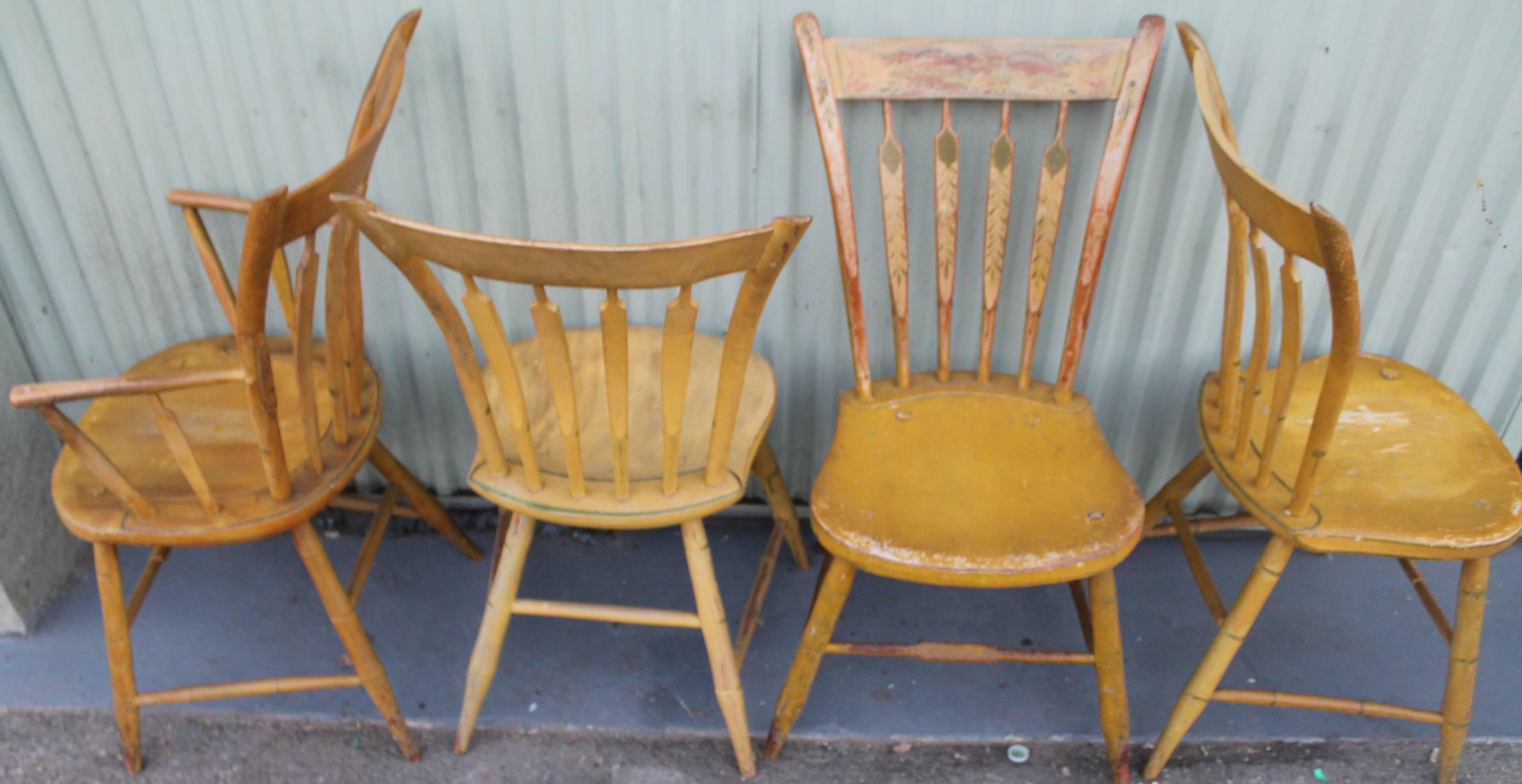 Folk Art  Set of Four 19th Century Mustard Original Painted Arrow Back Chairs