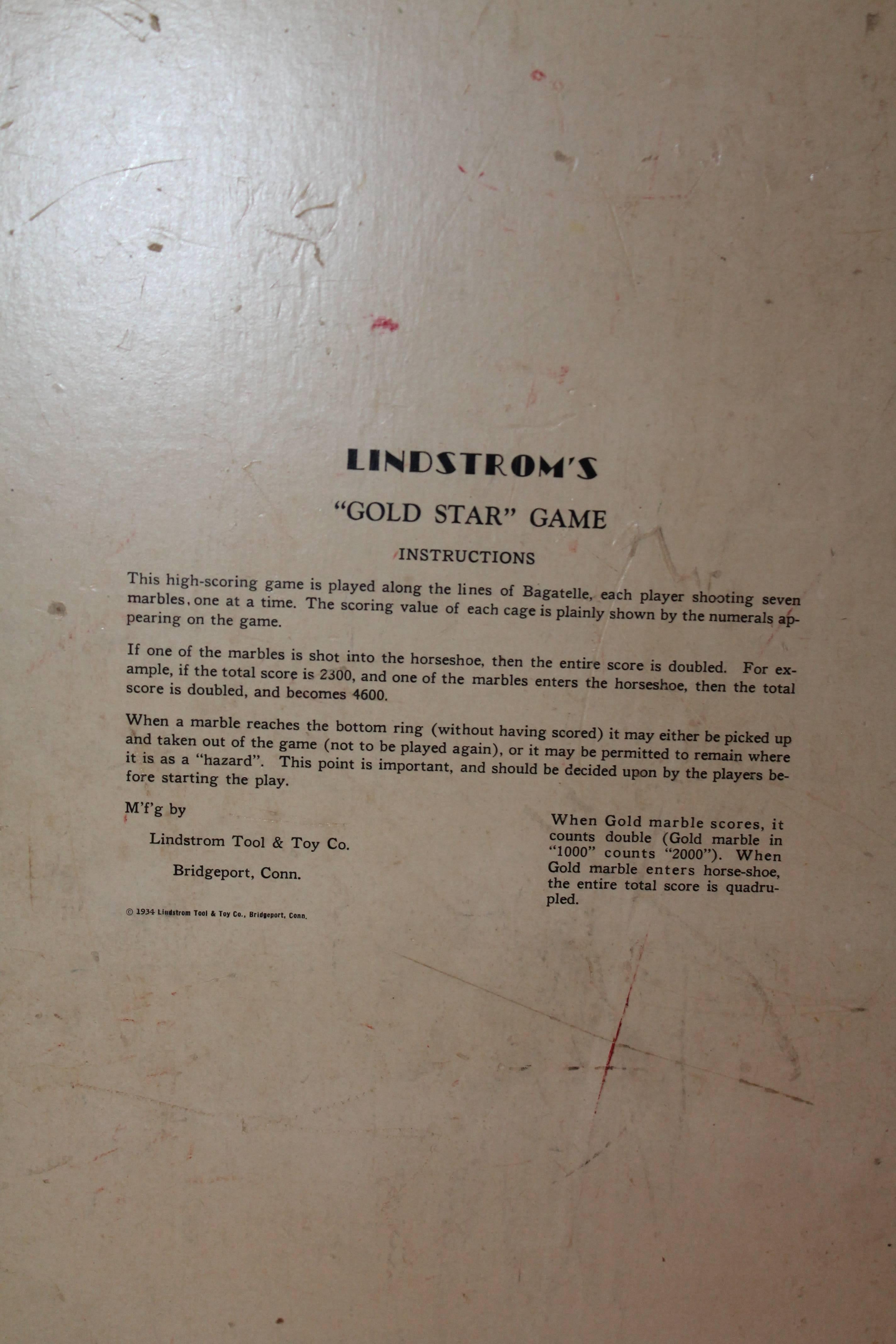 Folk Art Lindstrom's Gold Star Marble Game Board, Dated 1934