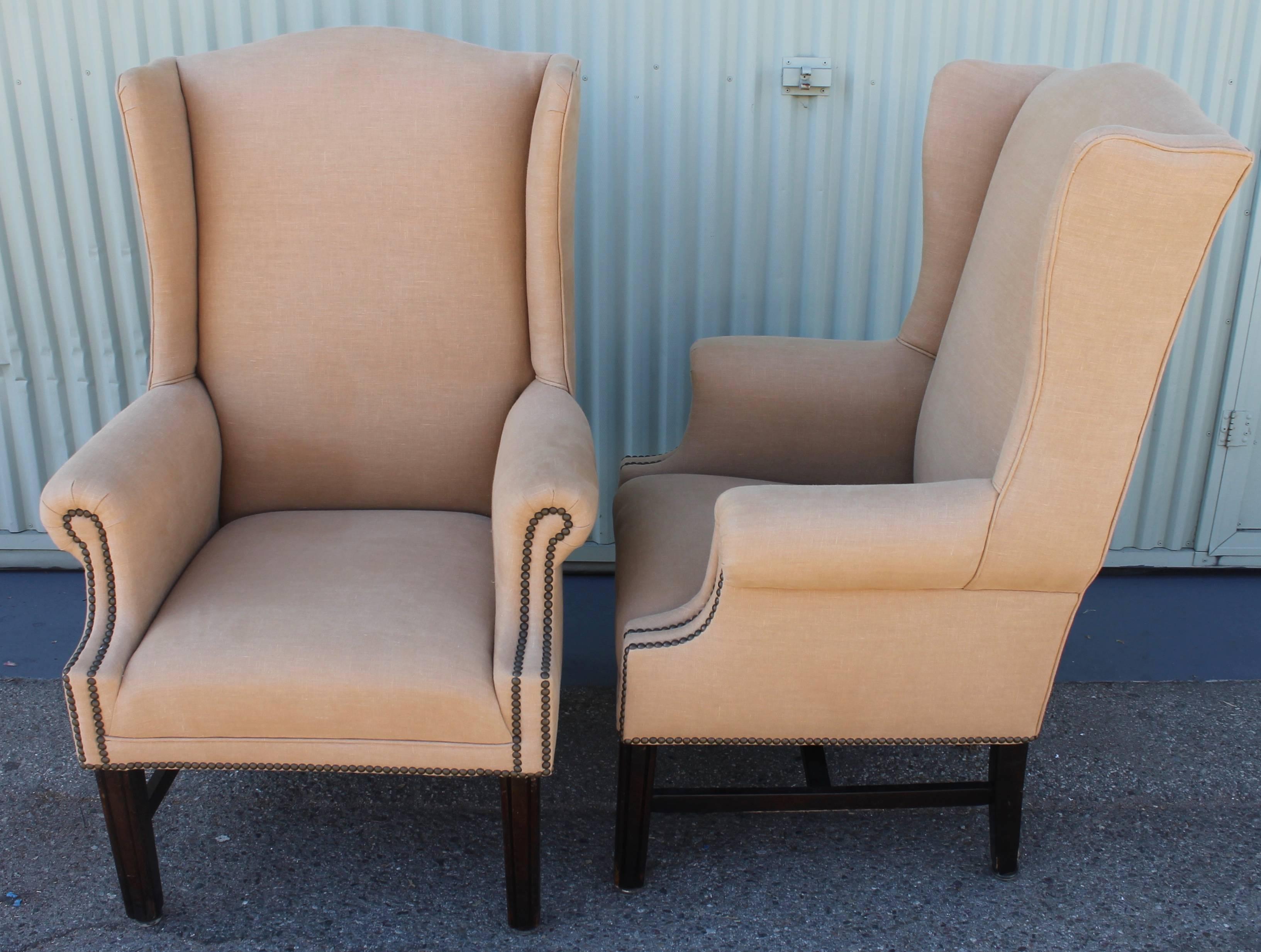 Woodwork Pair of Fantastic 1920s Wing Chairs in Camel Linen