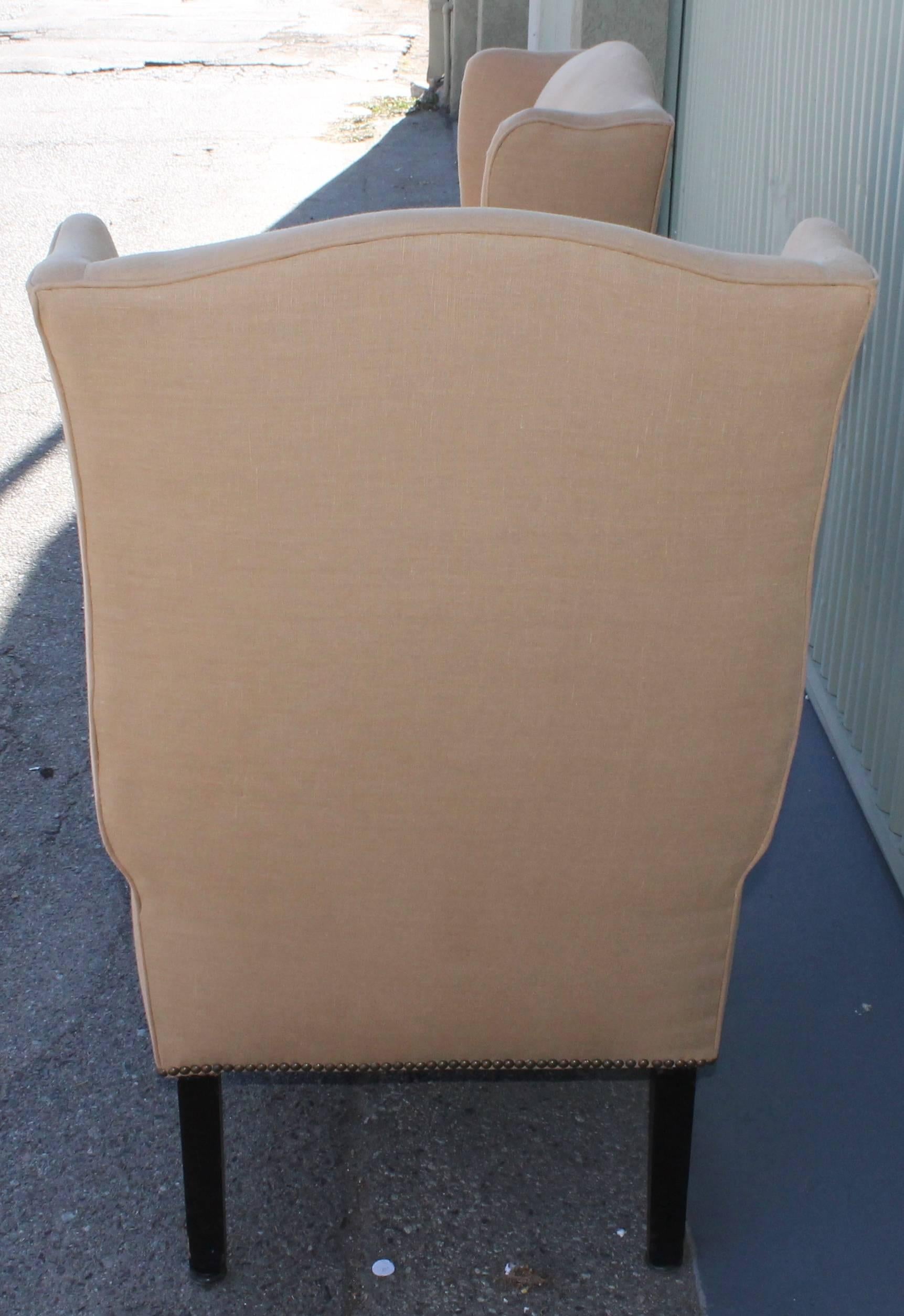Pair of Fantastic 1920s Wing Chairs in Camel Linen In Excellent Condition In Los Angeles, CA