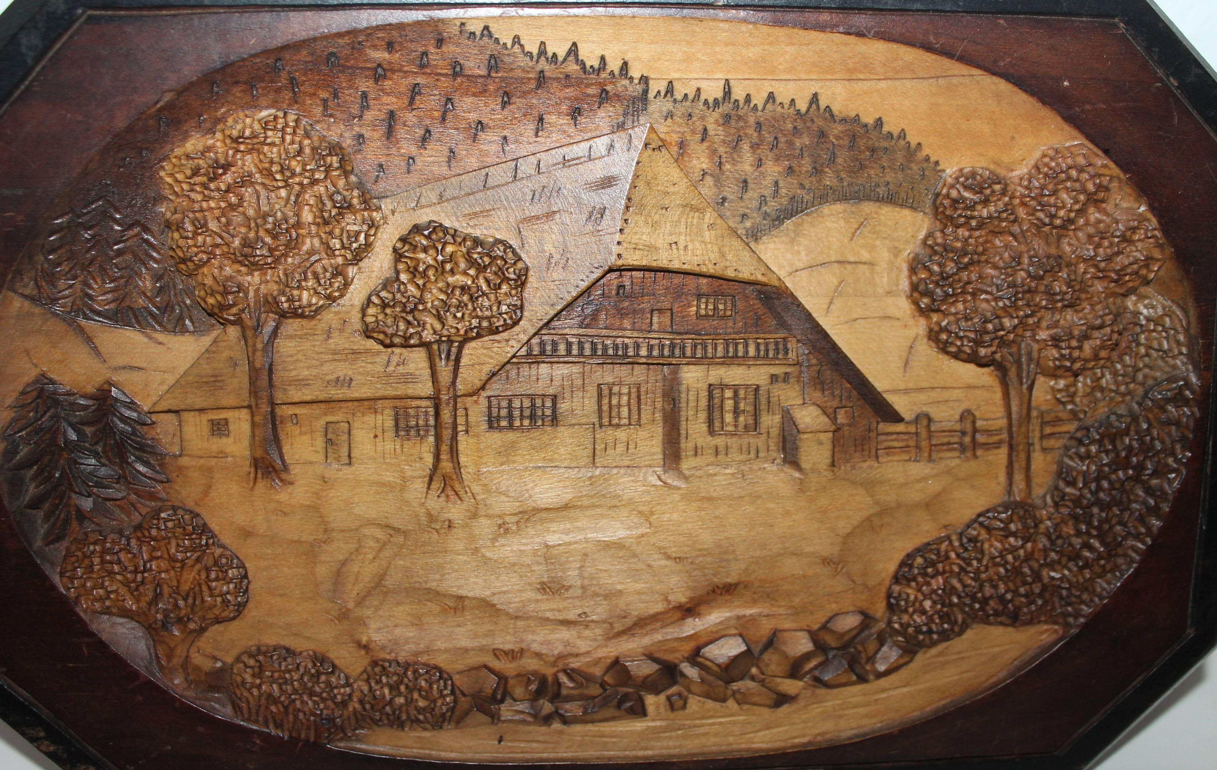 Folk Art Hand-Carved Wood Pictoral of Log Cabin