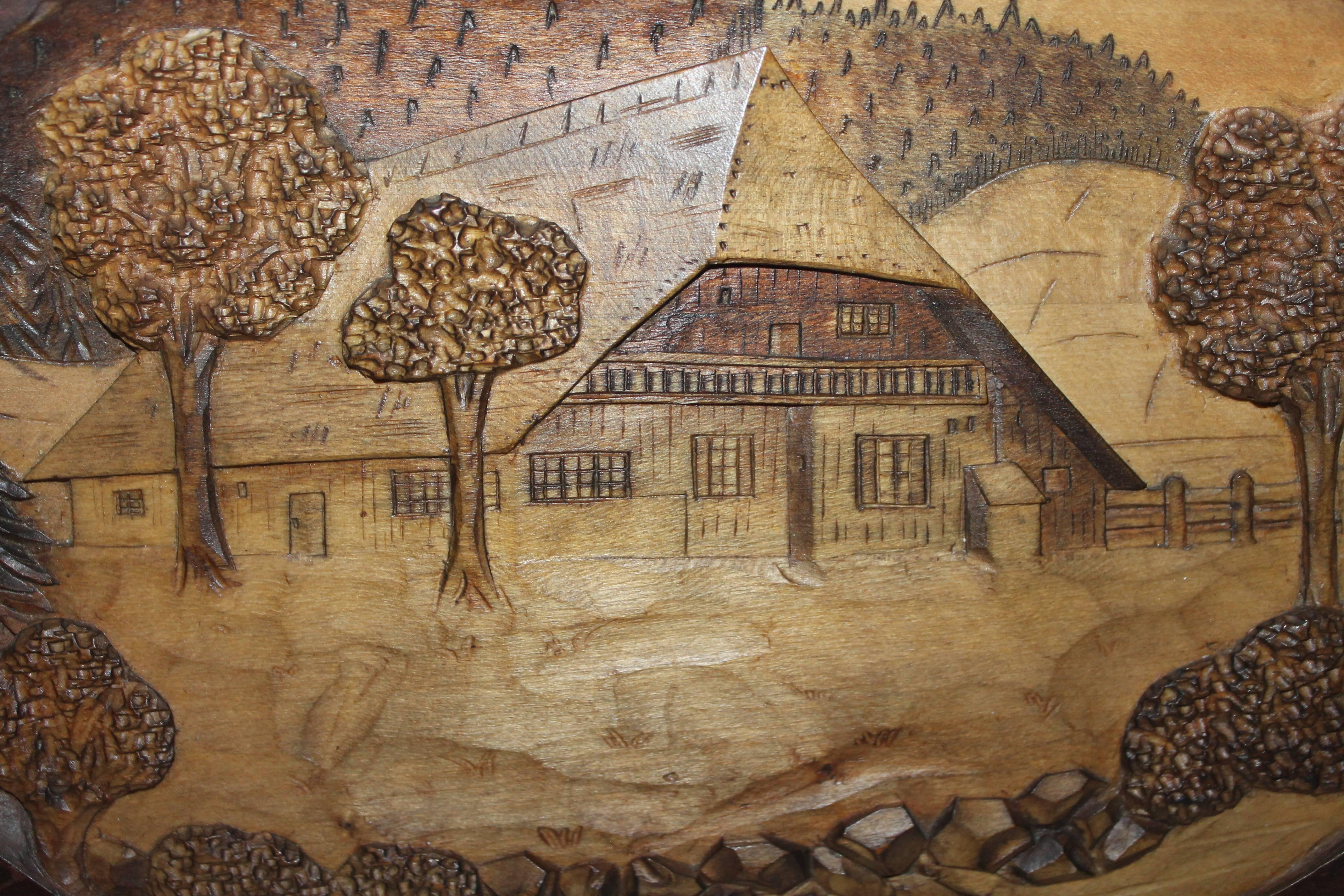 American Hand-Carved Wood Pictoral of Log Cabin