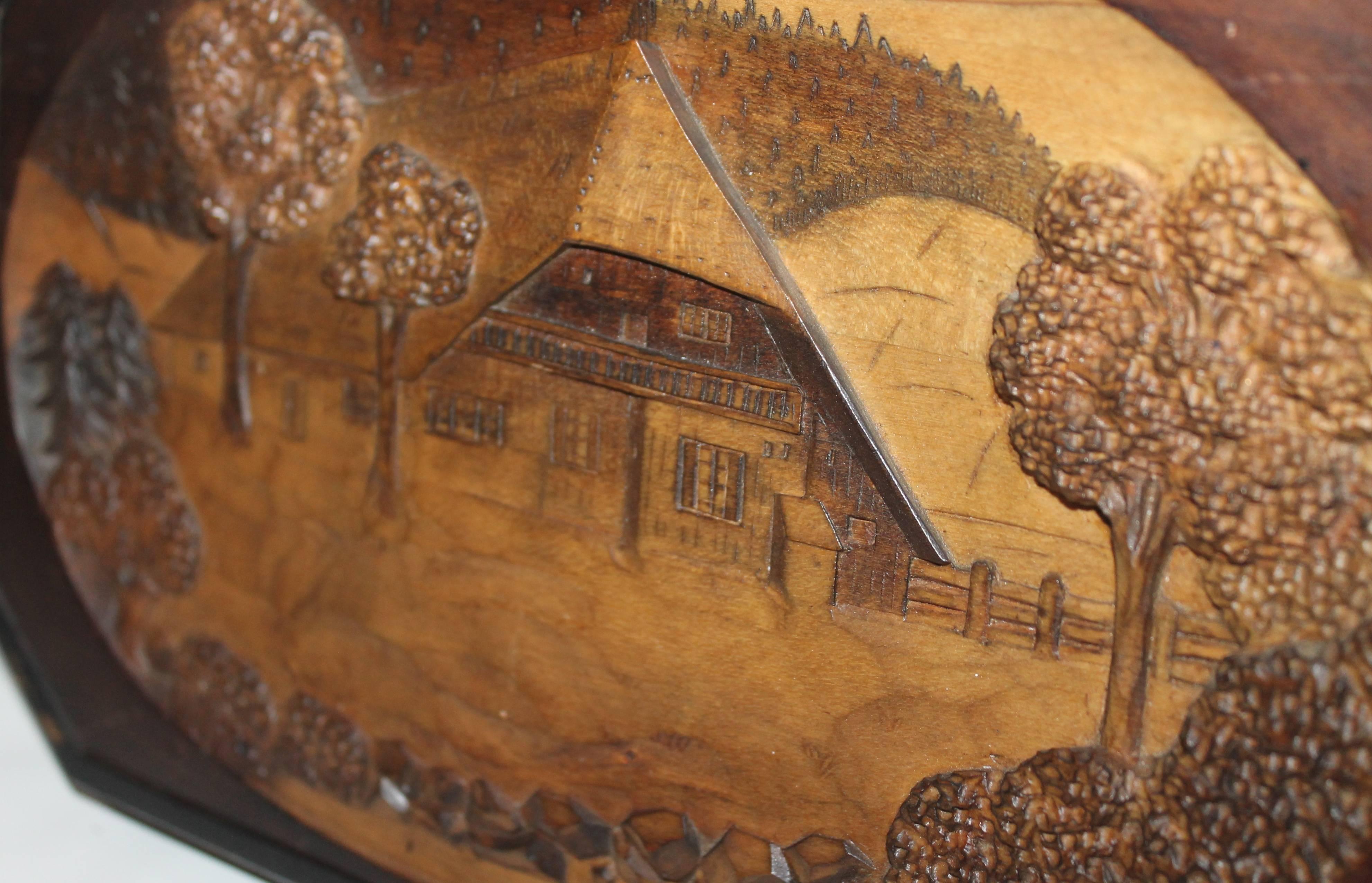 Hand-Carved Wood Pictoral of Log Cabin In Excellent Condition In Los Angeles, CA