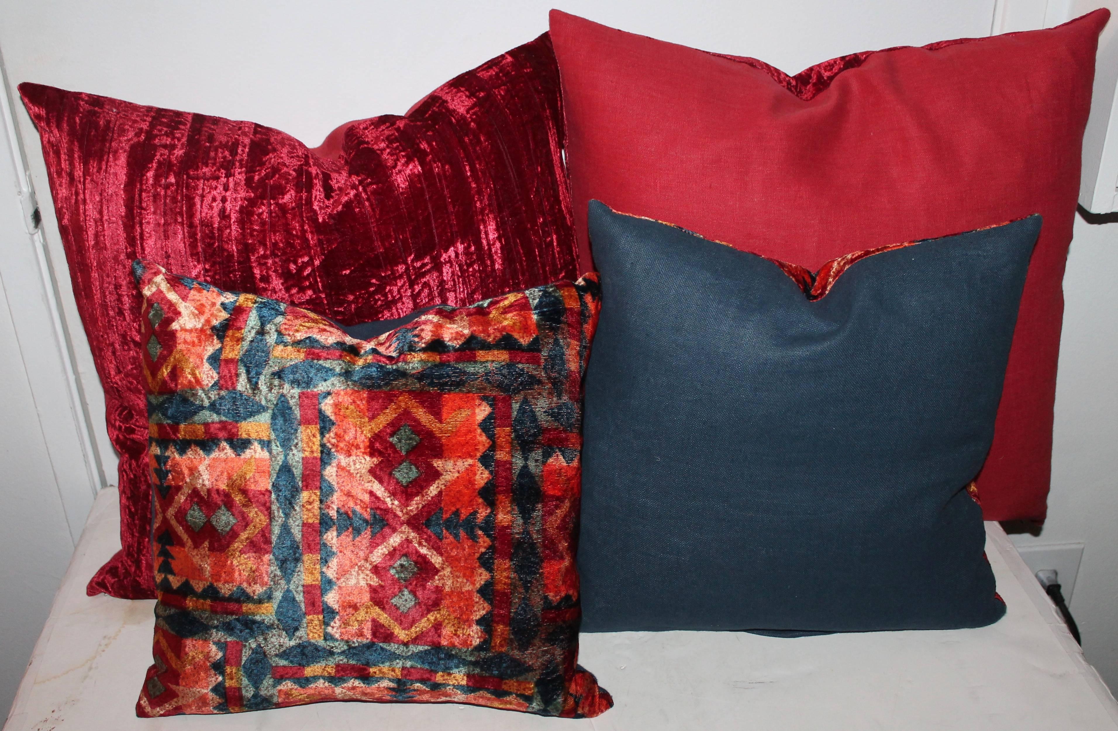 American Amazing Red Silk Velvet and Multicolored Pattern Velvet Pillows