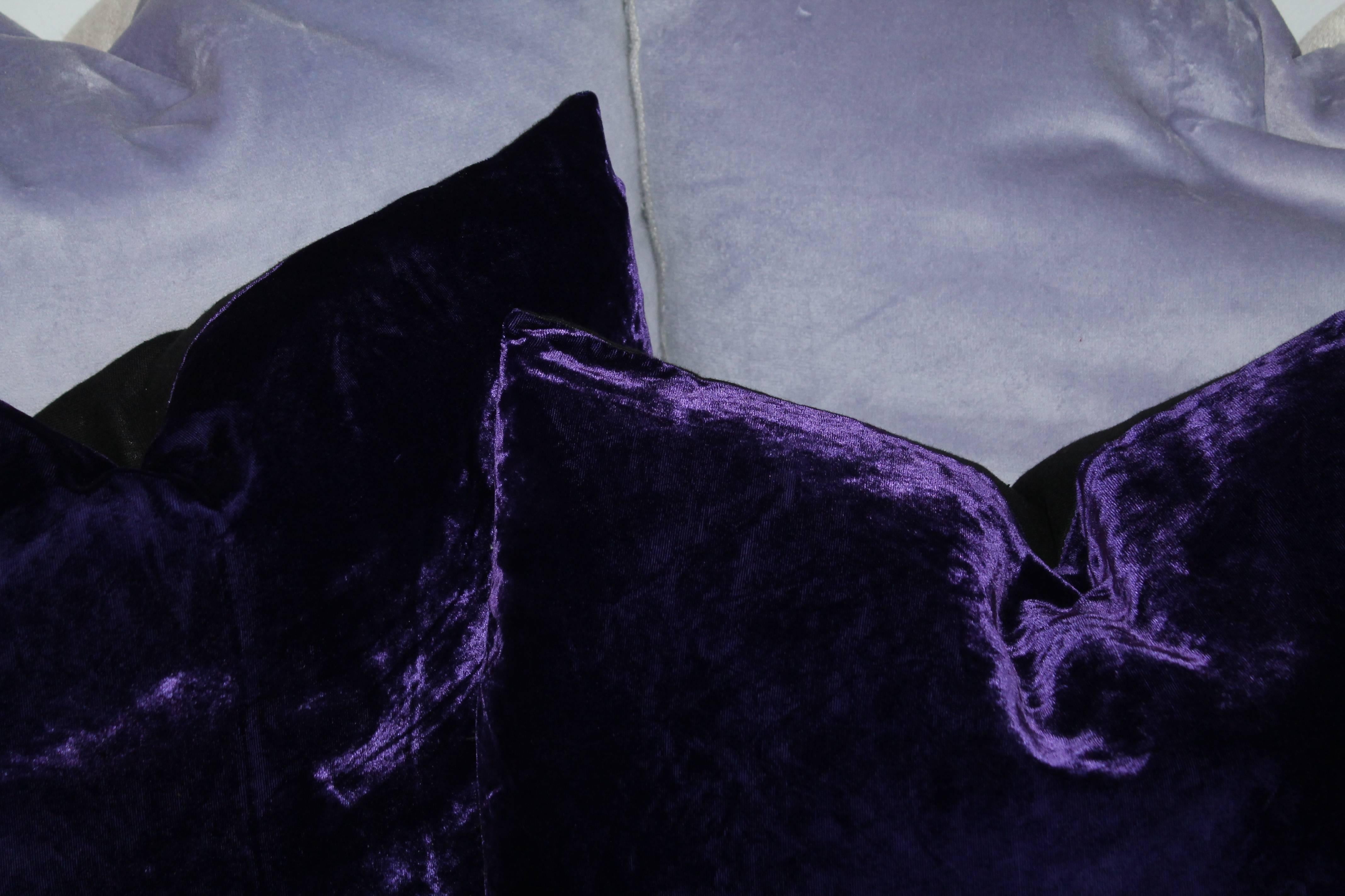 These amazing colorful large lavender velvet or medium size purple velvet pillows are sold in pairs. The condition is very good and two pairs of each are in stock. Lavender velvet are 22 x 22 and the purple are 18 x 18 in size.