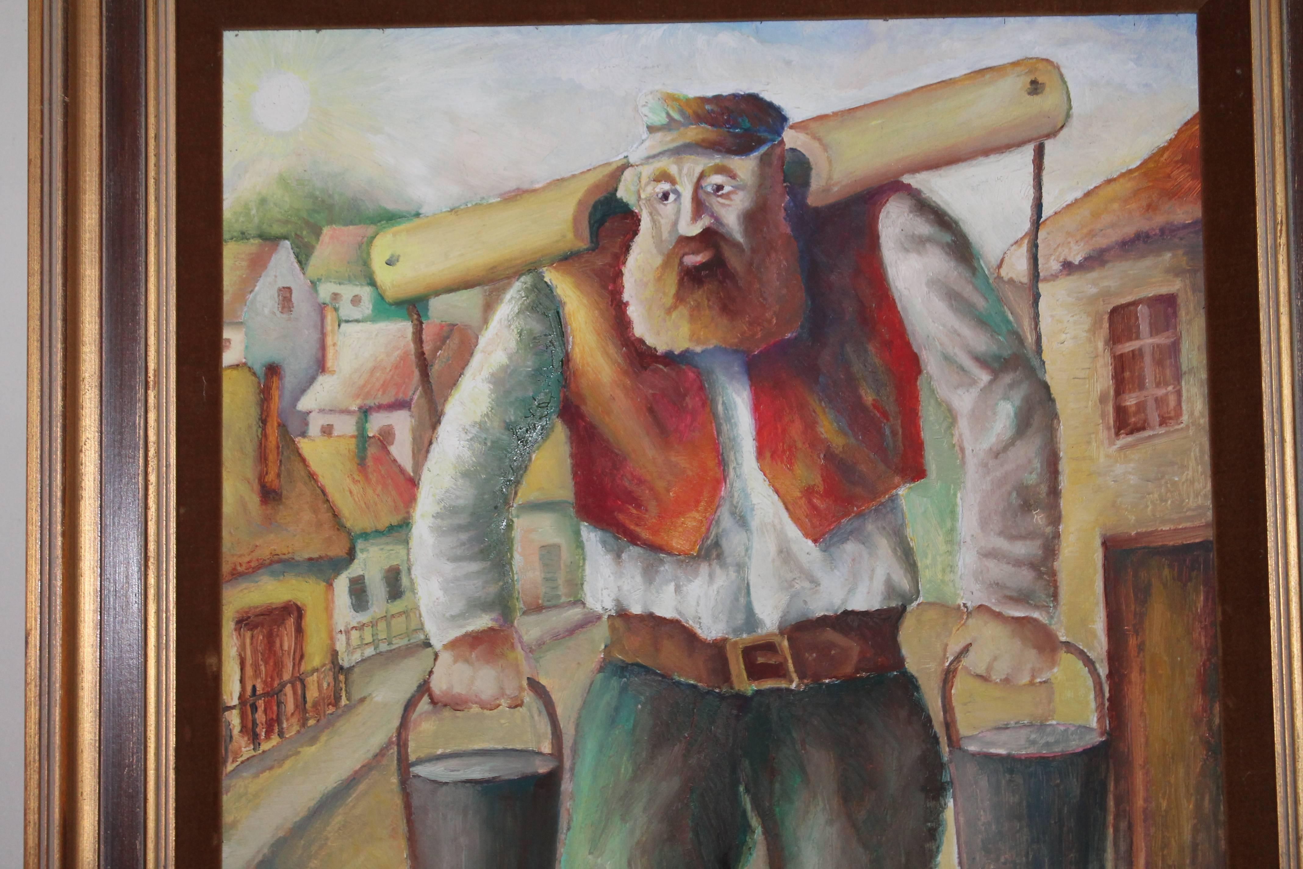 Amazing painting of Judaic farmer fetching water. This painting is signed and dated. This item has minor wear consistent with its age. Painting is signed S. Brunstein and dated 1974. The condition is good.