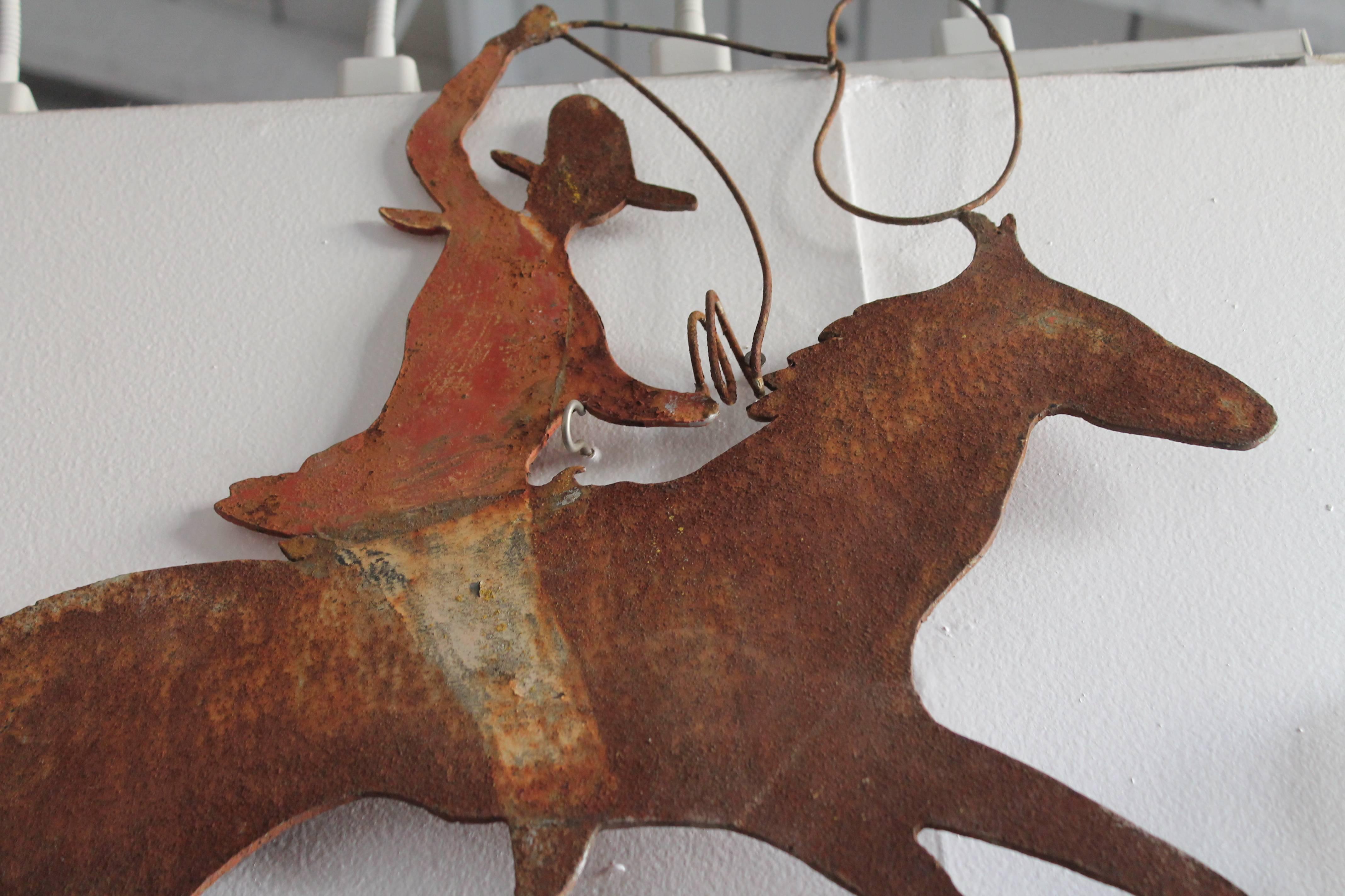 19th Century Original Painted Cowboy on Horse Weather Vane In Distressed Condition In Los Angeles, CA