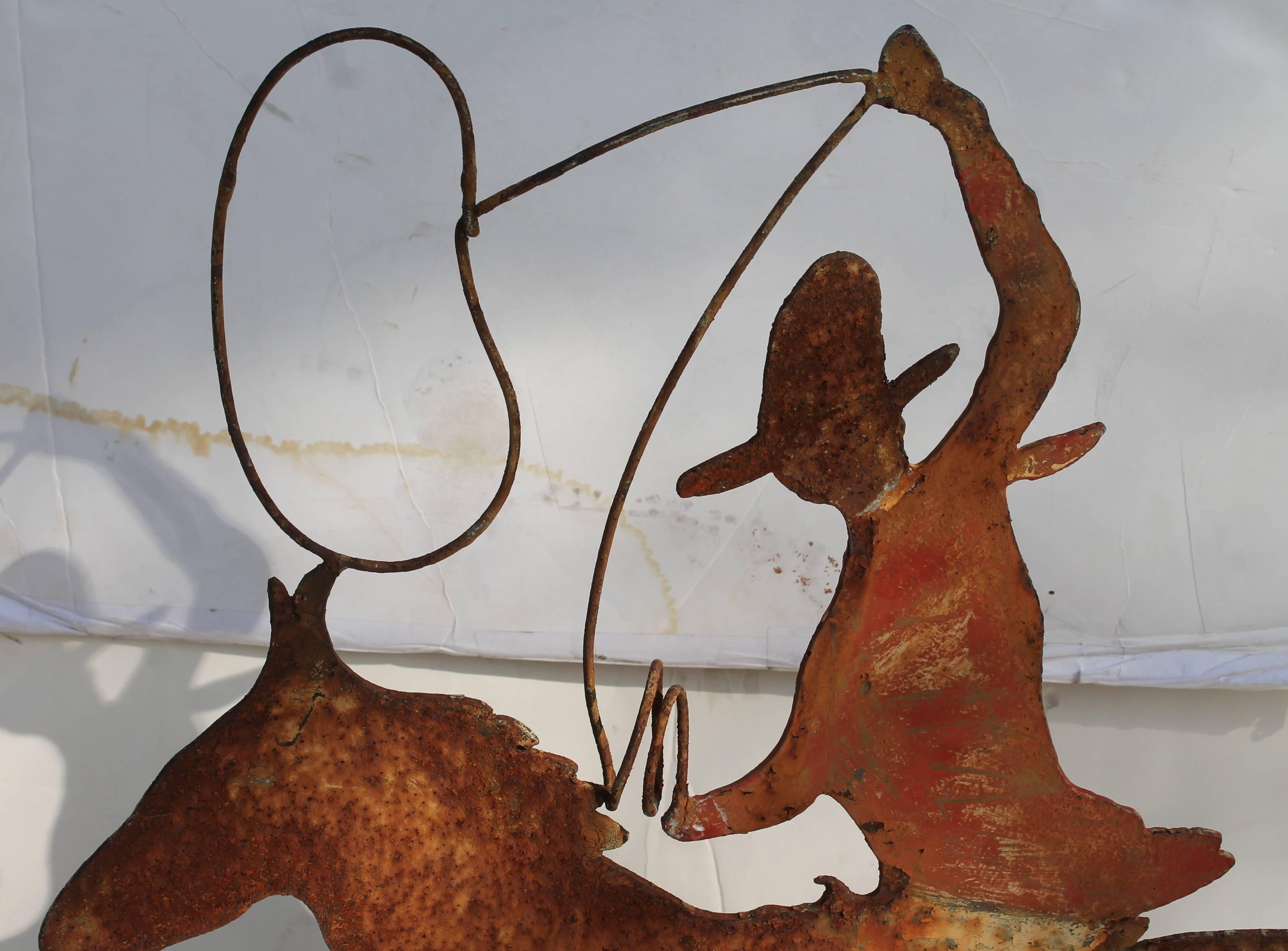 Hand-Painted 19th Century Original Painted Cowboy on Horse Weather Vane