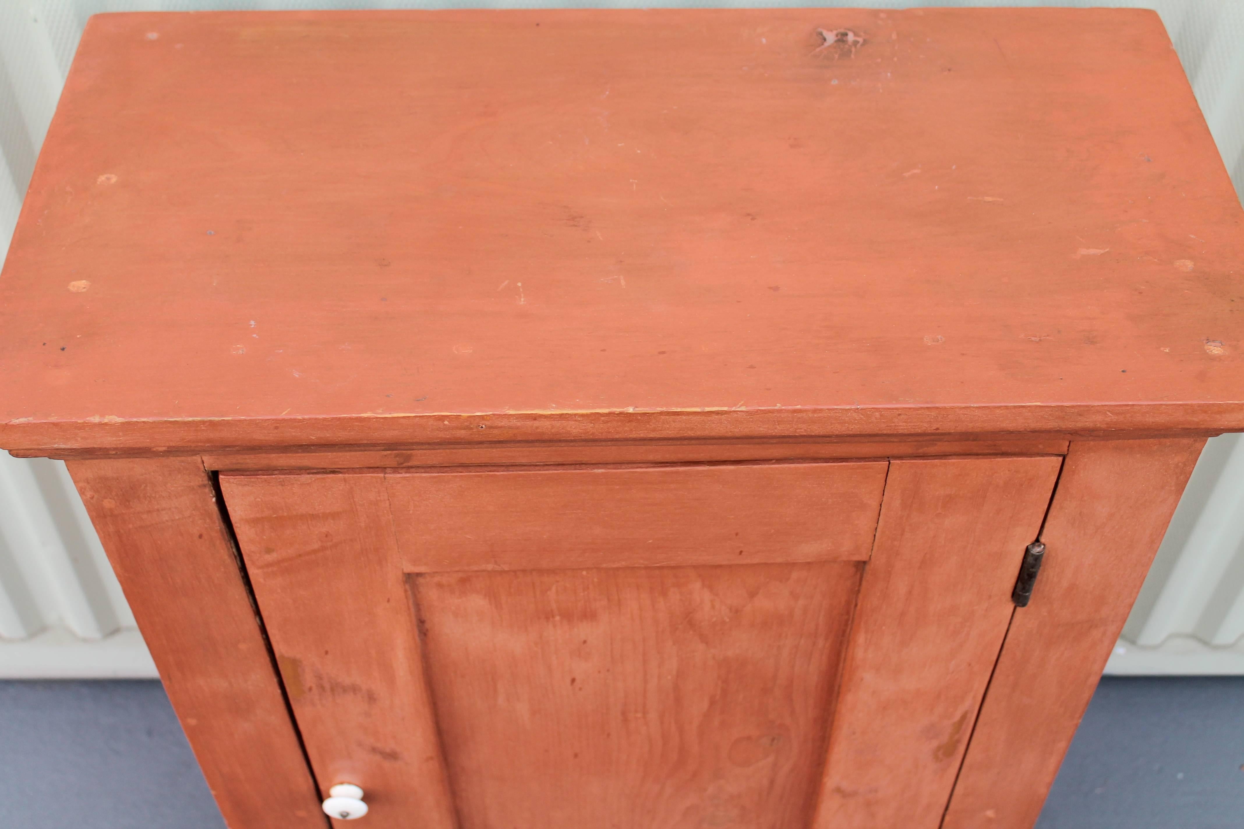19th Century Diminutive Original Salmon Painted Wall Cupboard In Distressed Condition In Los Angeles, CA