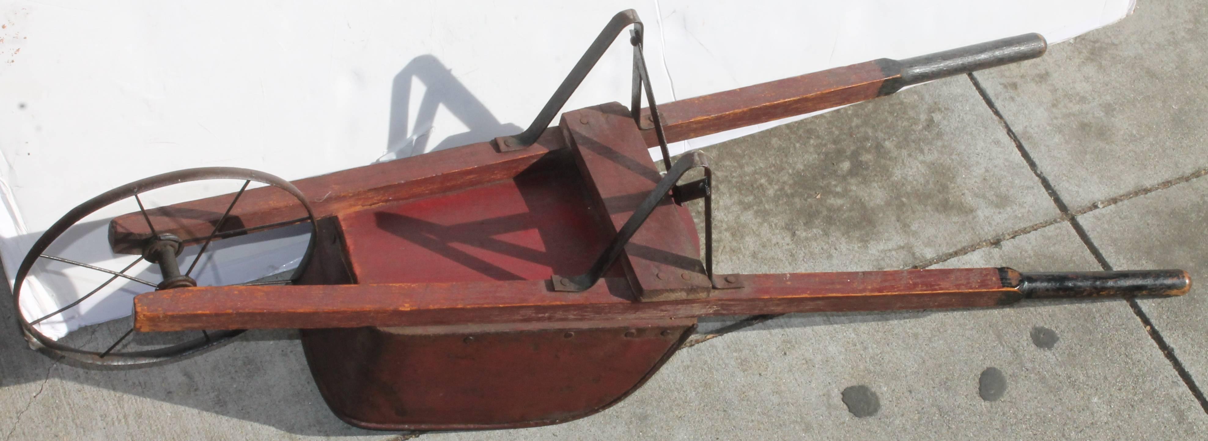 American 19th Century Original Red Painted Child's Wheel Barrel For Sale
