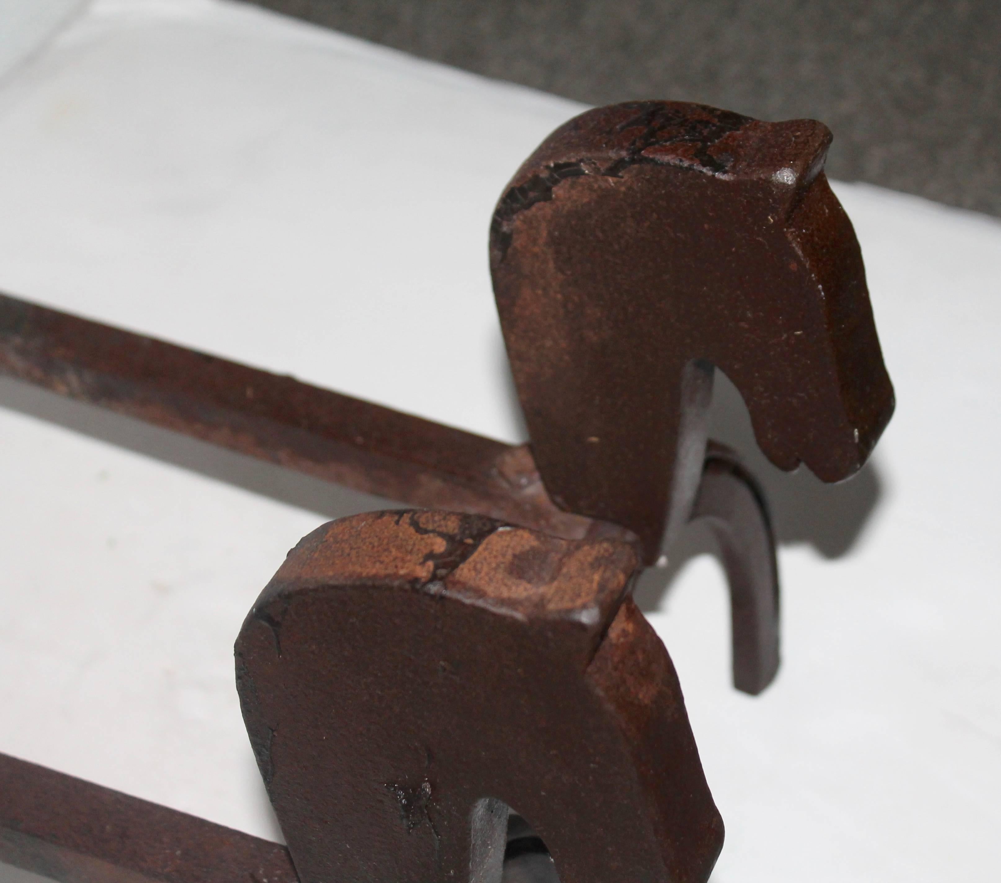 American Early 20th Century Iron Horse Shoe and Horse Head Andirons For Sale
