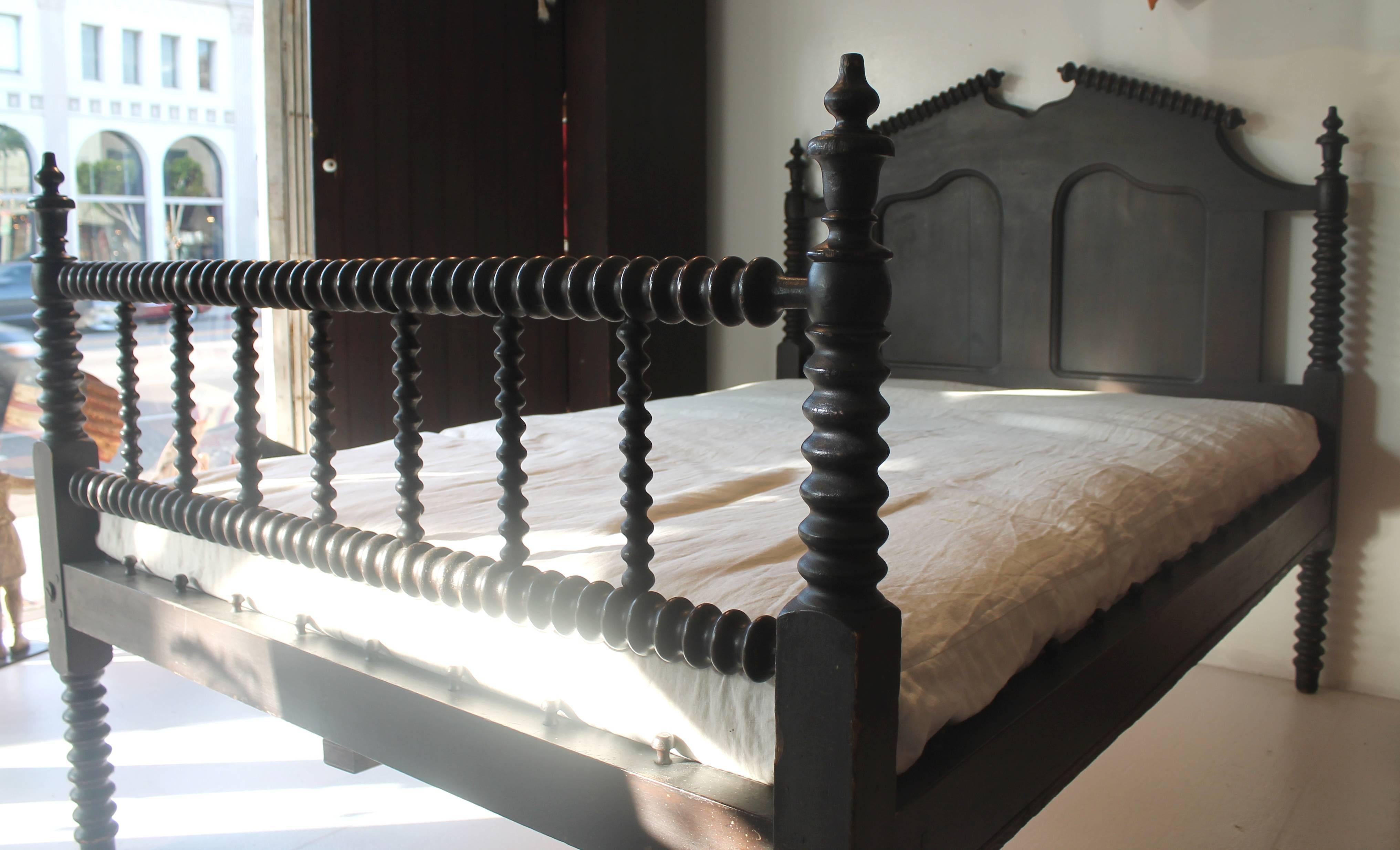 This wonderful 3/4 original dark brown painted bed is in very good condition and has a custom-made homespun linen duvet cover. The insert of the mattress is down and feather fill with a foam core. This bed is 3/4 bed, just a bit smaller then a full
