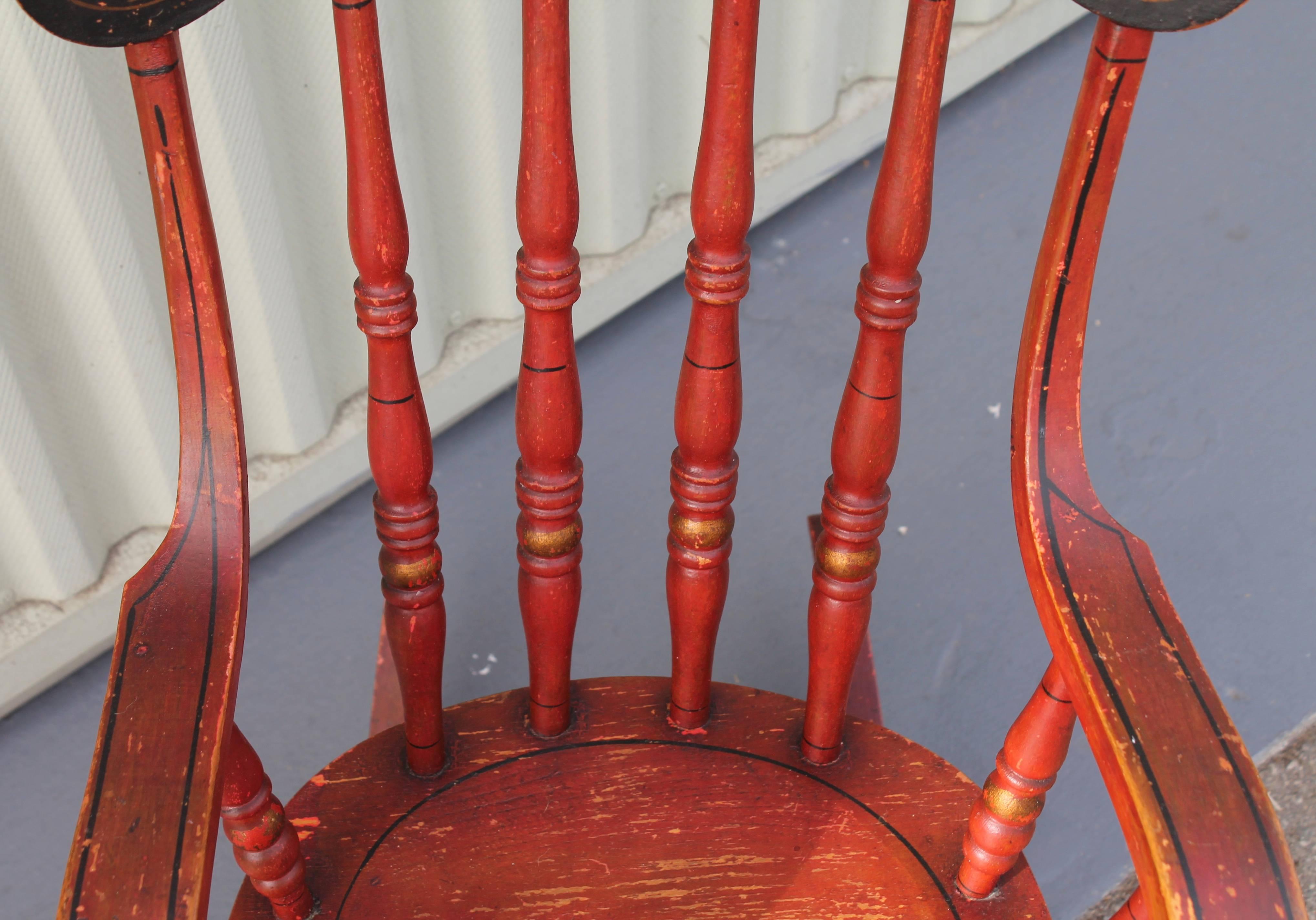 Hand-Painted 19th Century Original Red Paint Decorated Child's Rocking Chair