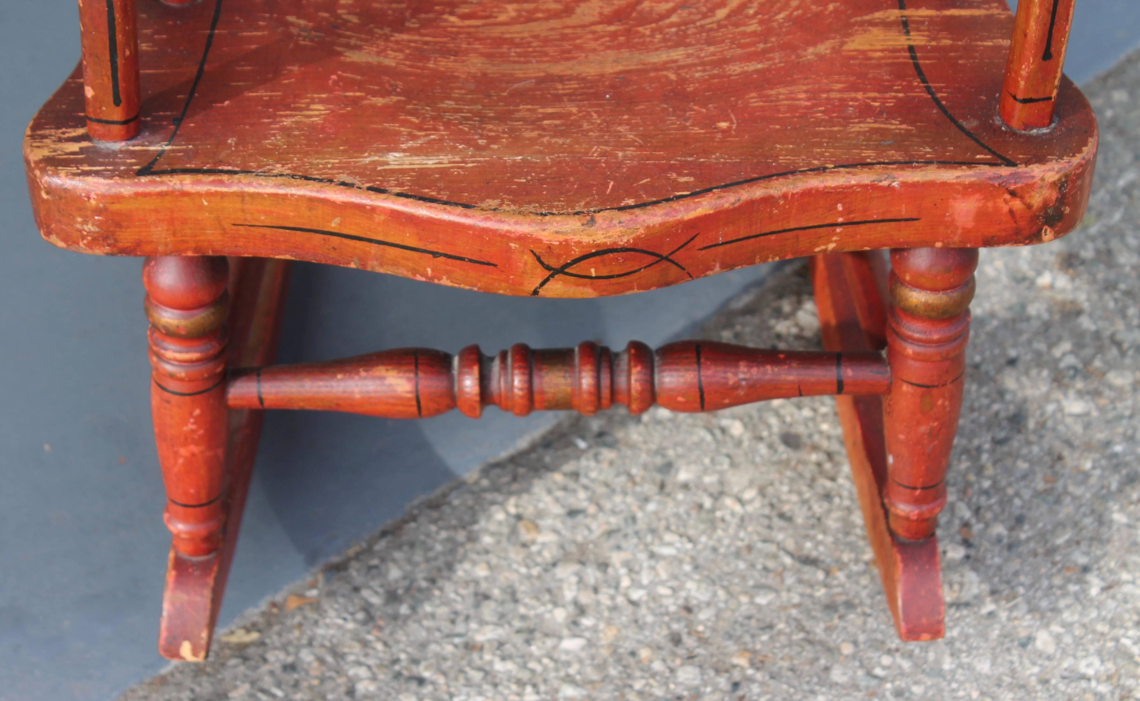 19th Century Original Red Paint Decorated Child's Rocking Chair In Excellent Condition In Los Angeles, CA