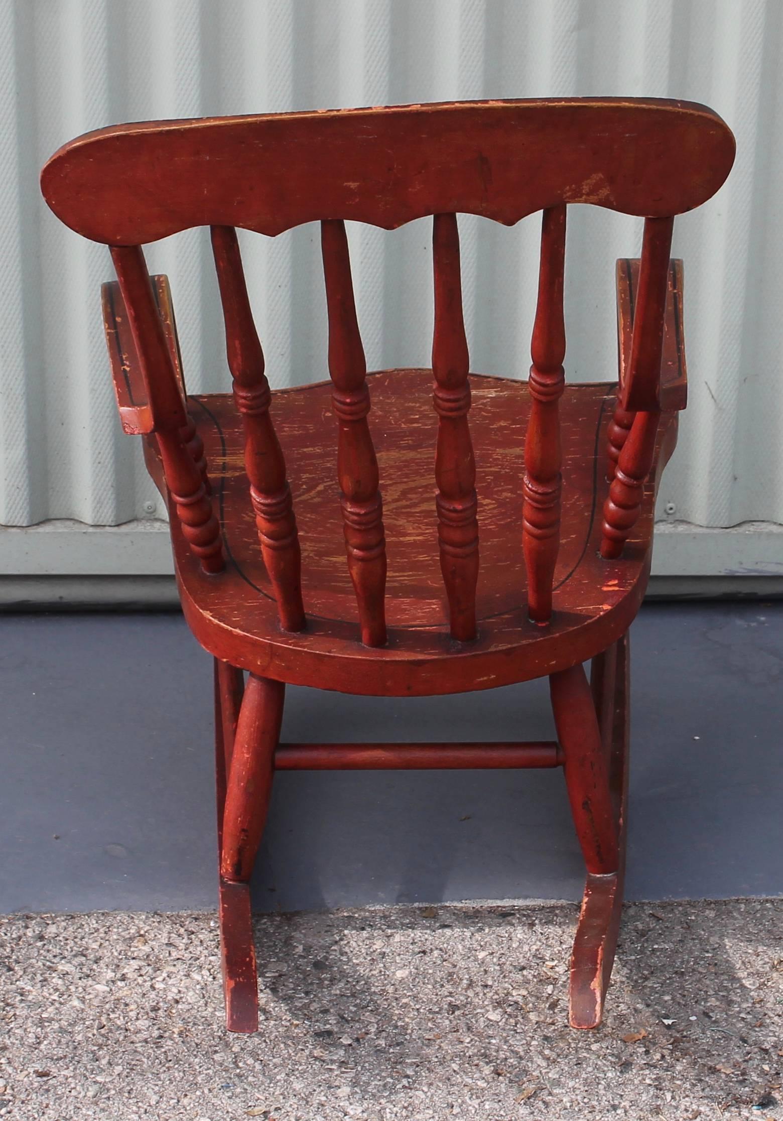 19th Century Original Red Paint Decorated Child's Rocking Chair 1