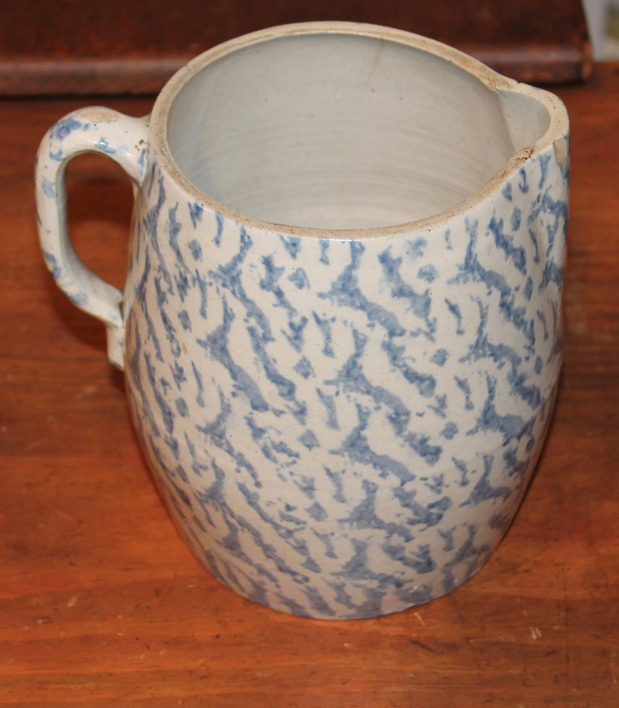 Adirondack 19th Century Spongeware Pottery Large Milk Pitcher