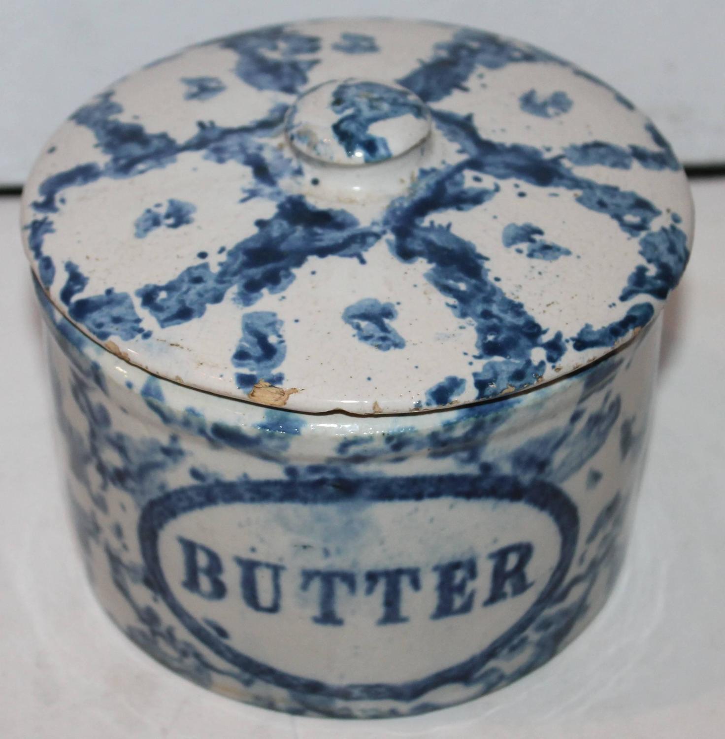 19th Century Rare Spongeware Pottery Butter Crock with Lid For Sale at