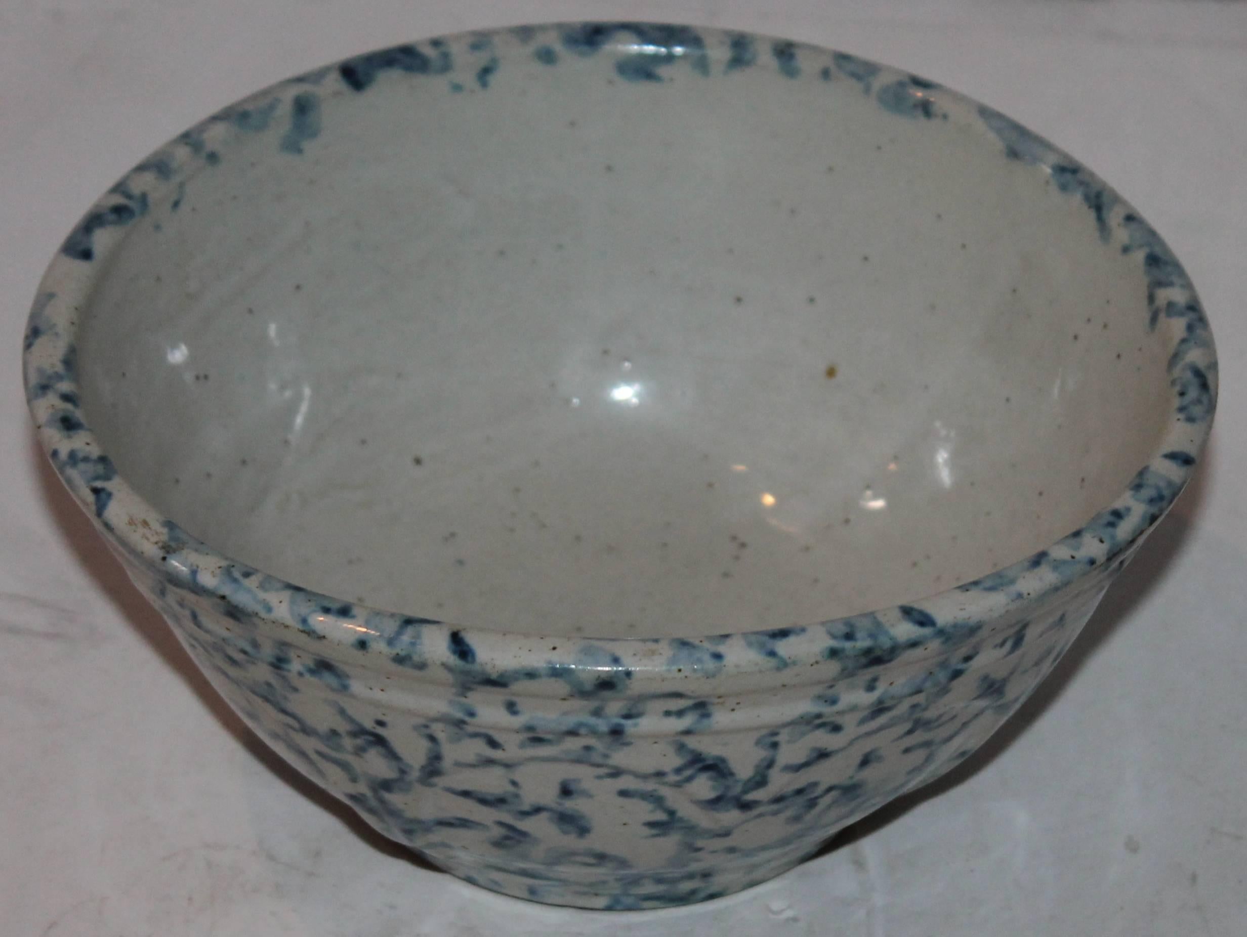 This is the coolest spongeware small berry bowl. Looks like a miniaturized mixing bowl. The condition is very good.