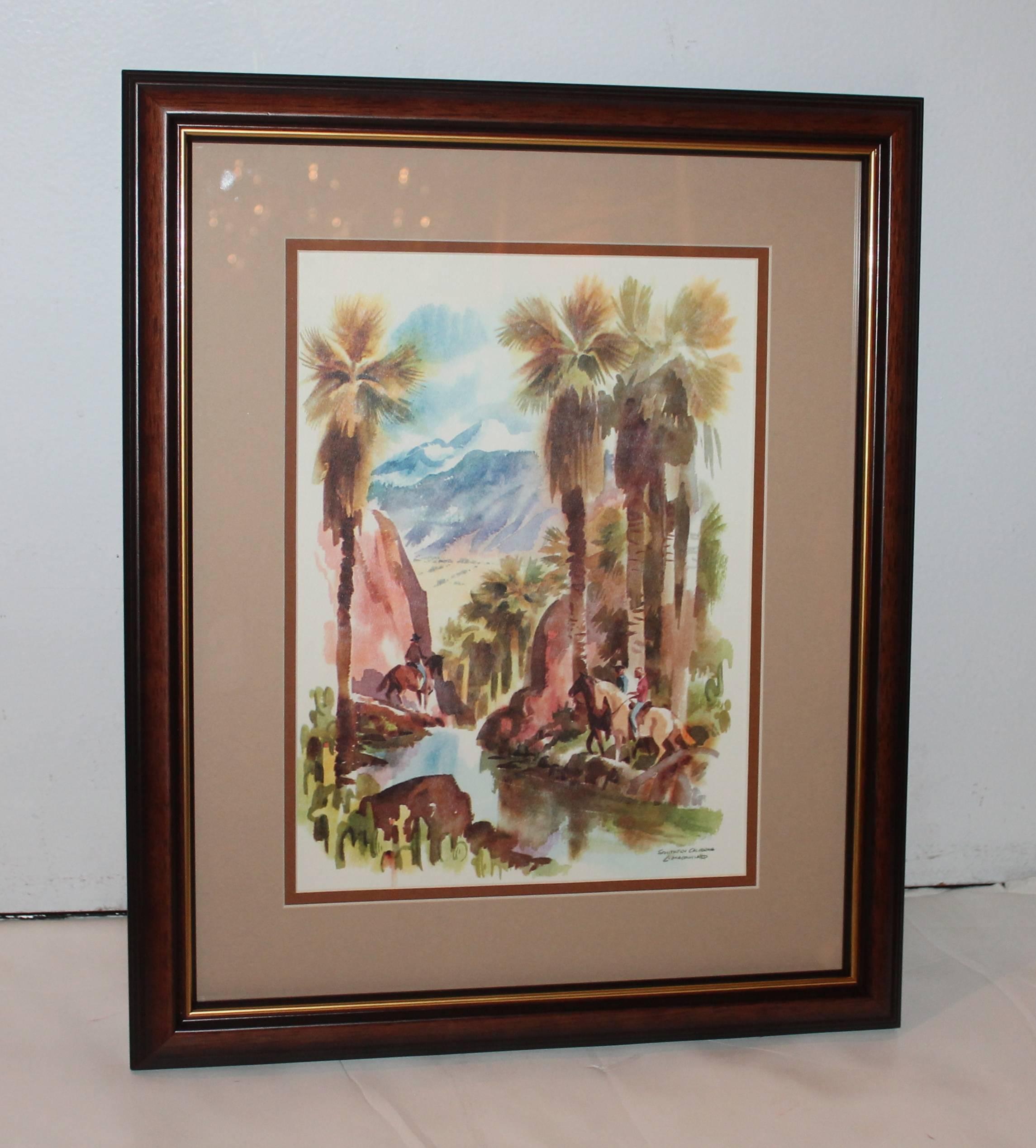 This wonderful watercolor is a scene of people riding horses by the water. It is signed C. Macourlard and marked Southern California. The condition is pristine and they are newly framed.