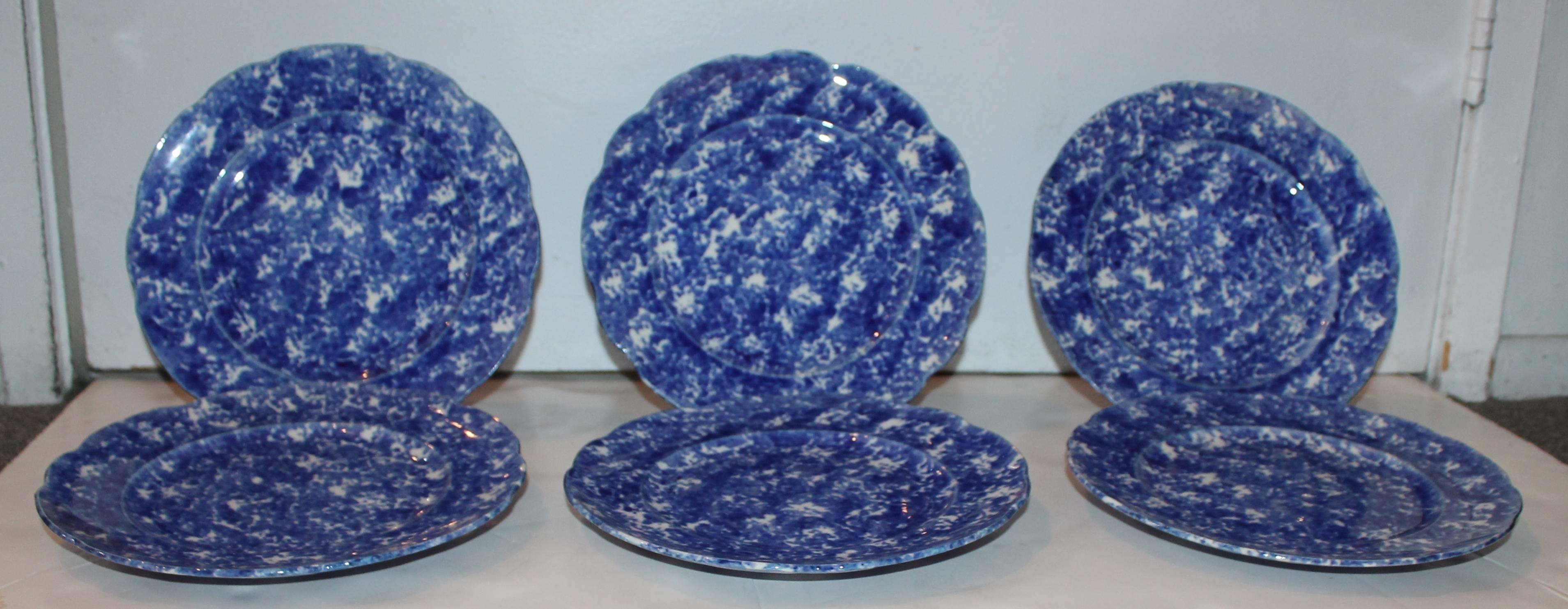 This is like a collectors dream! Set of six matching blue and white 19th century sponge ware dinner plates. The entire group are in pristine condition. The sponge pattern is on both sides.