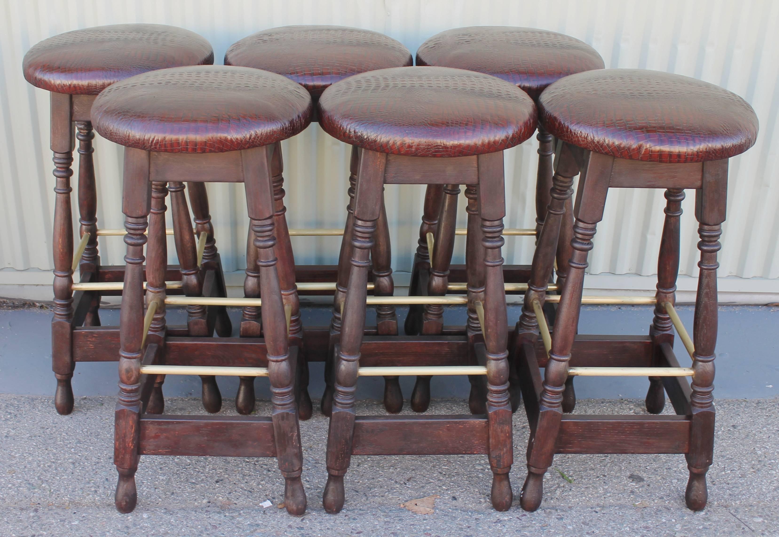 American Set of Six Mid-Century Bar Stools Upholstered in Faux Alligator Leather