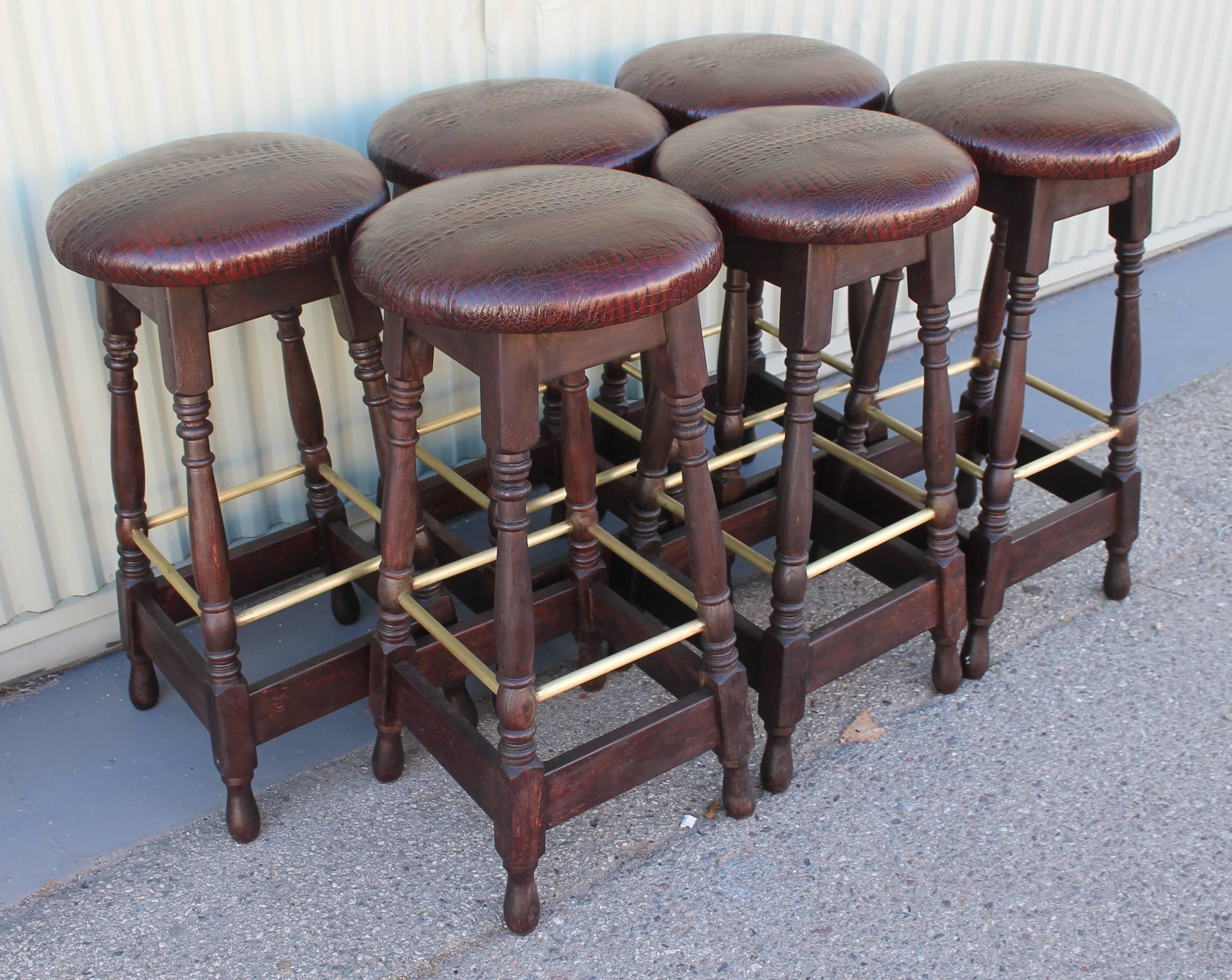 American Craftsman Set of Six Mid-Century Bar Stools Upholstered in Faux Alligator Leather