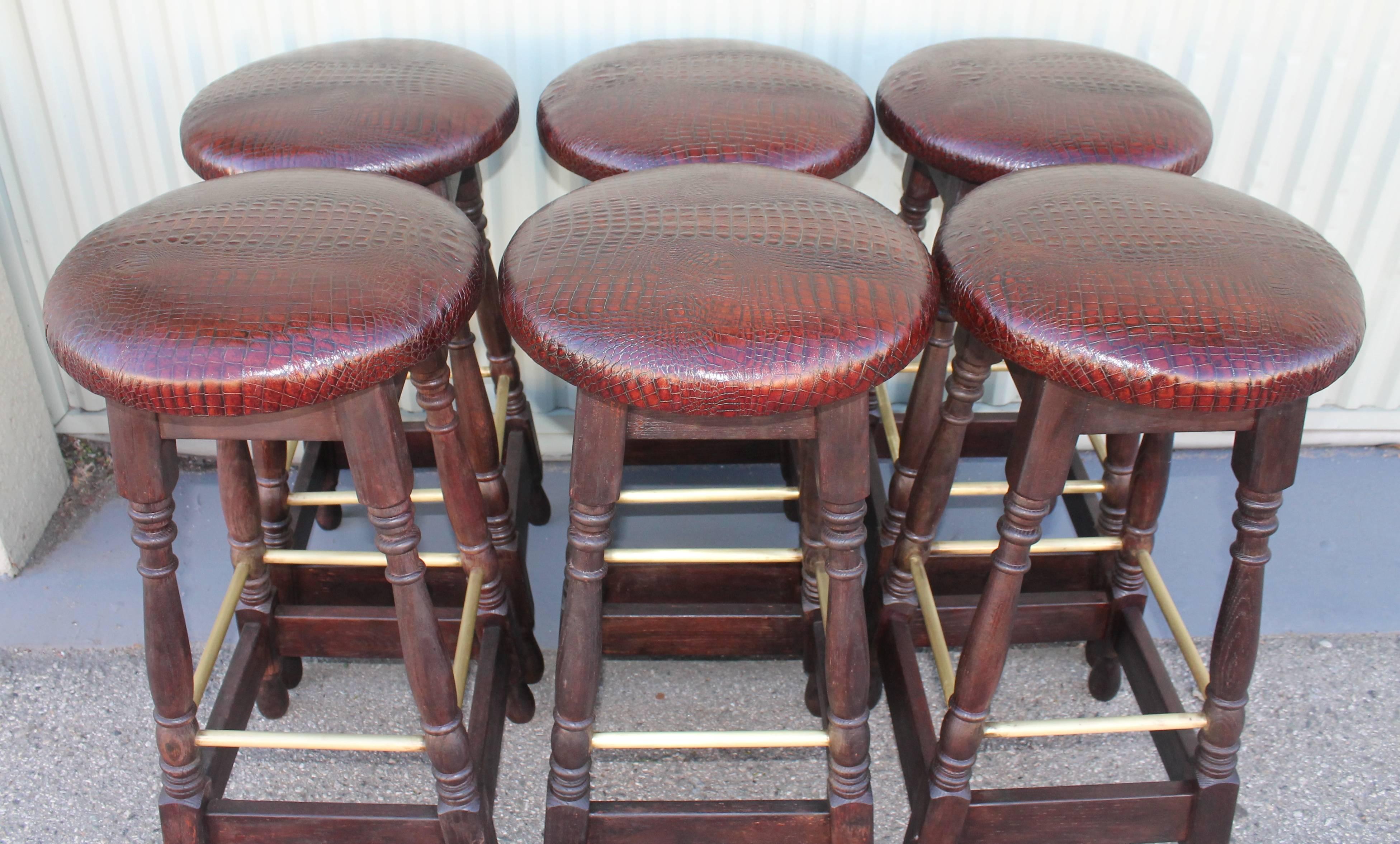 Stained Set of Six Mid-Century Bar Stools Upholstered in Faux Alligator Leather