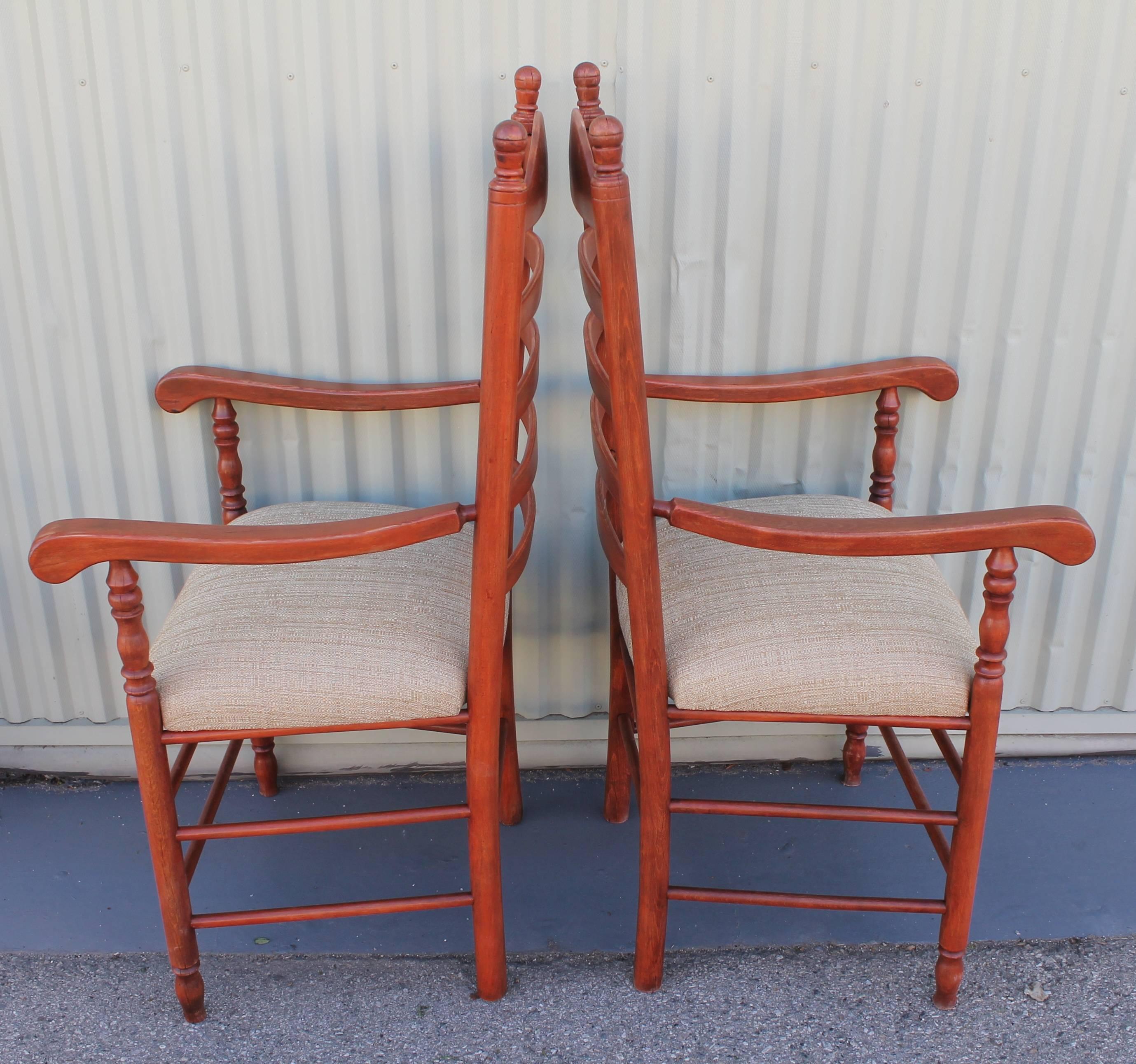 Pine Matching Pair of 19th Century N.E. Red Painted Ladder Back Arm Chairs