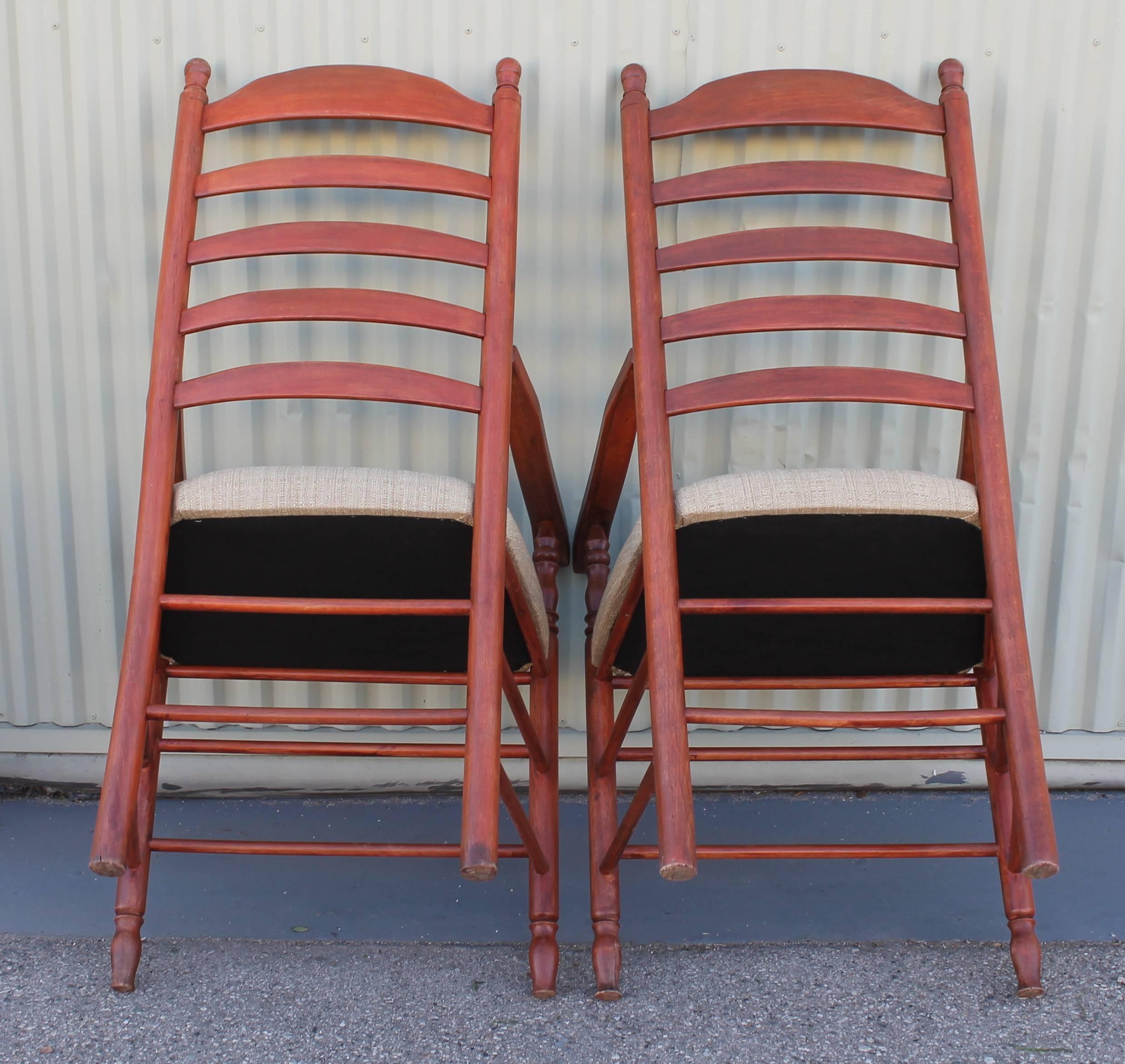 Matching Pair of 19th Century N.E. Red Painted Ladder Back Arm Chairs 2