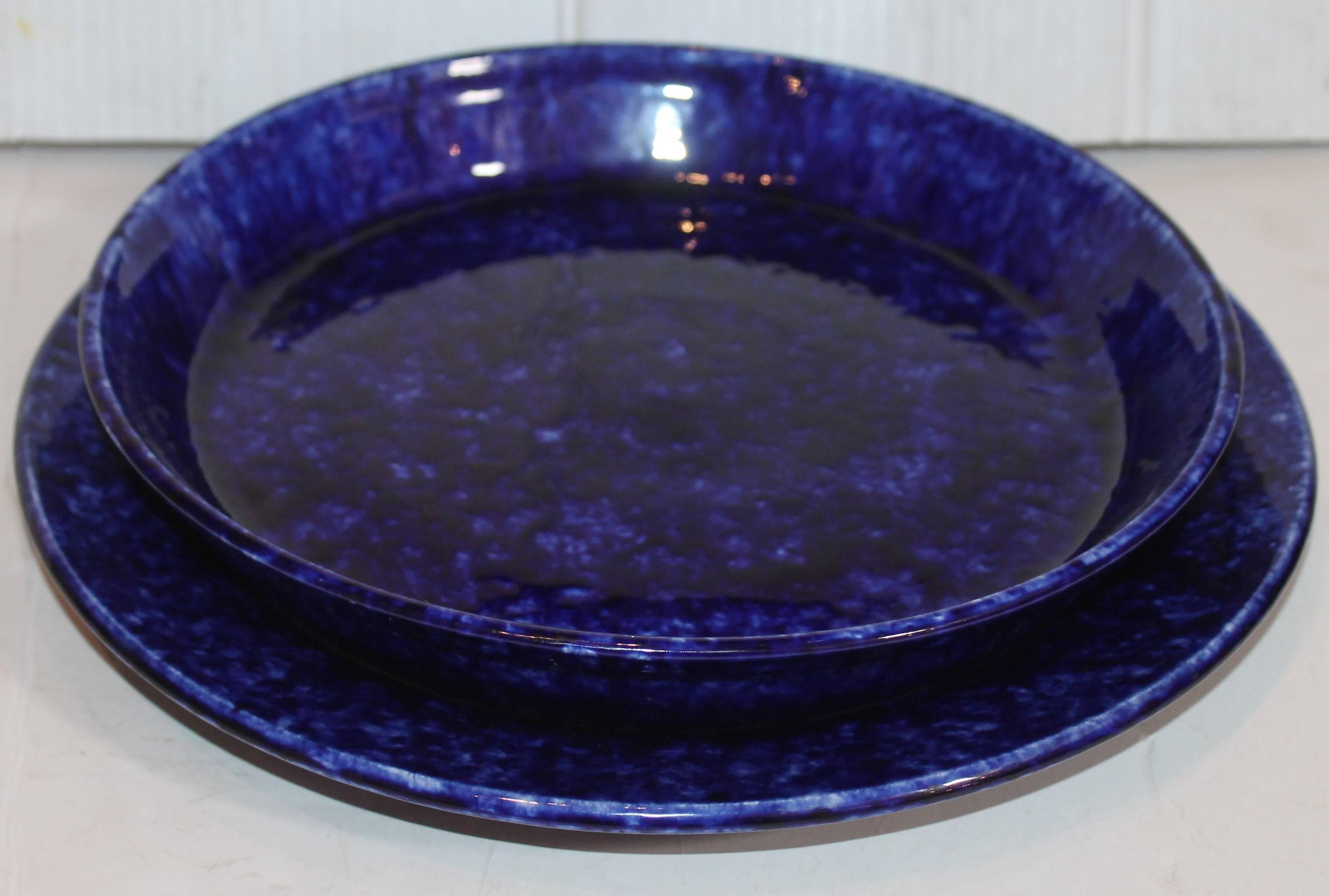 Glazed Pair of 19th Century Cobalt Blue Spatter Bake Dish and Charger For Sale