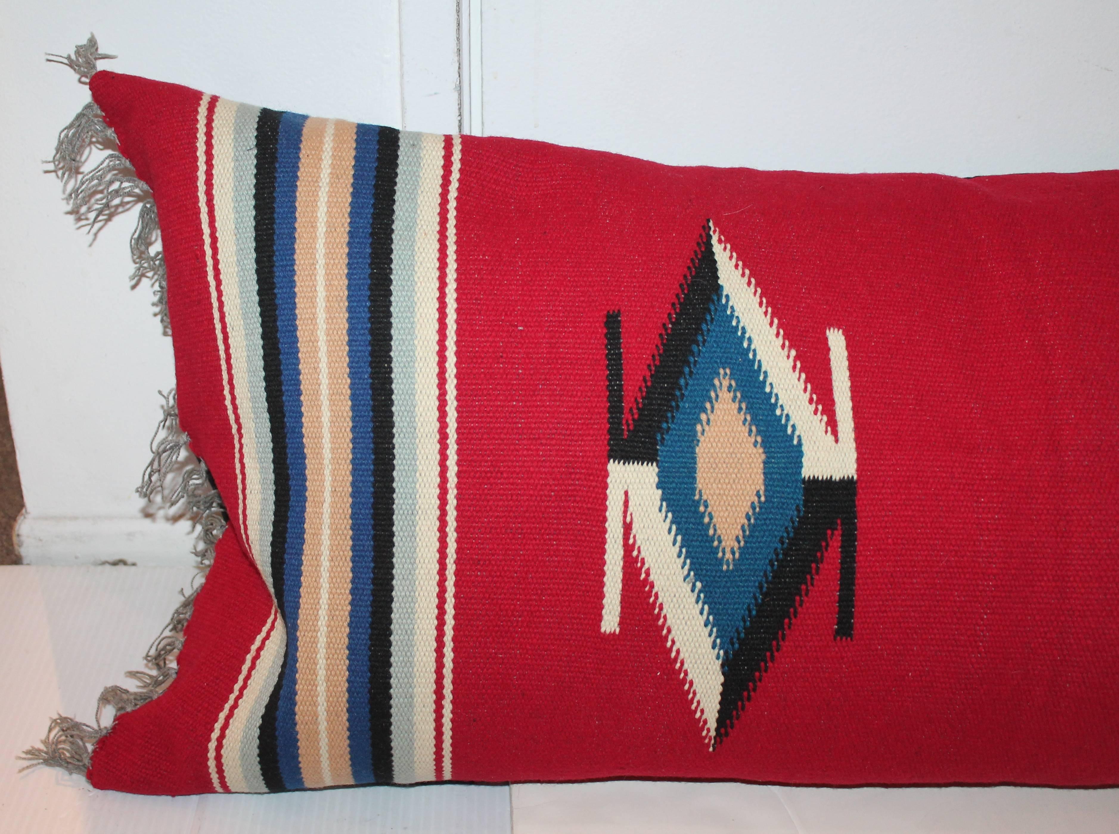 American Mexican Indian Handwoven Serape Bolster Pillow For Sale