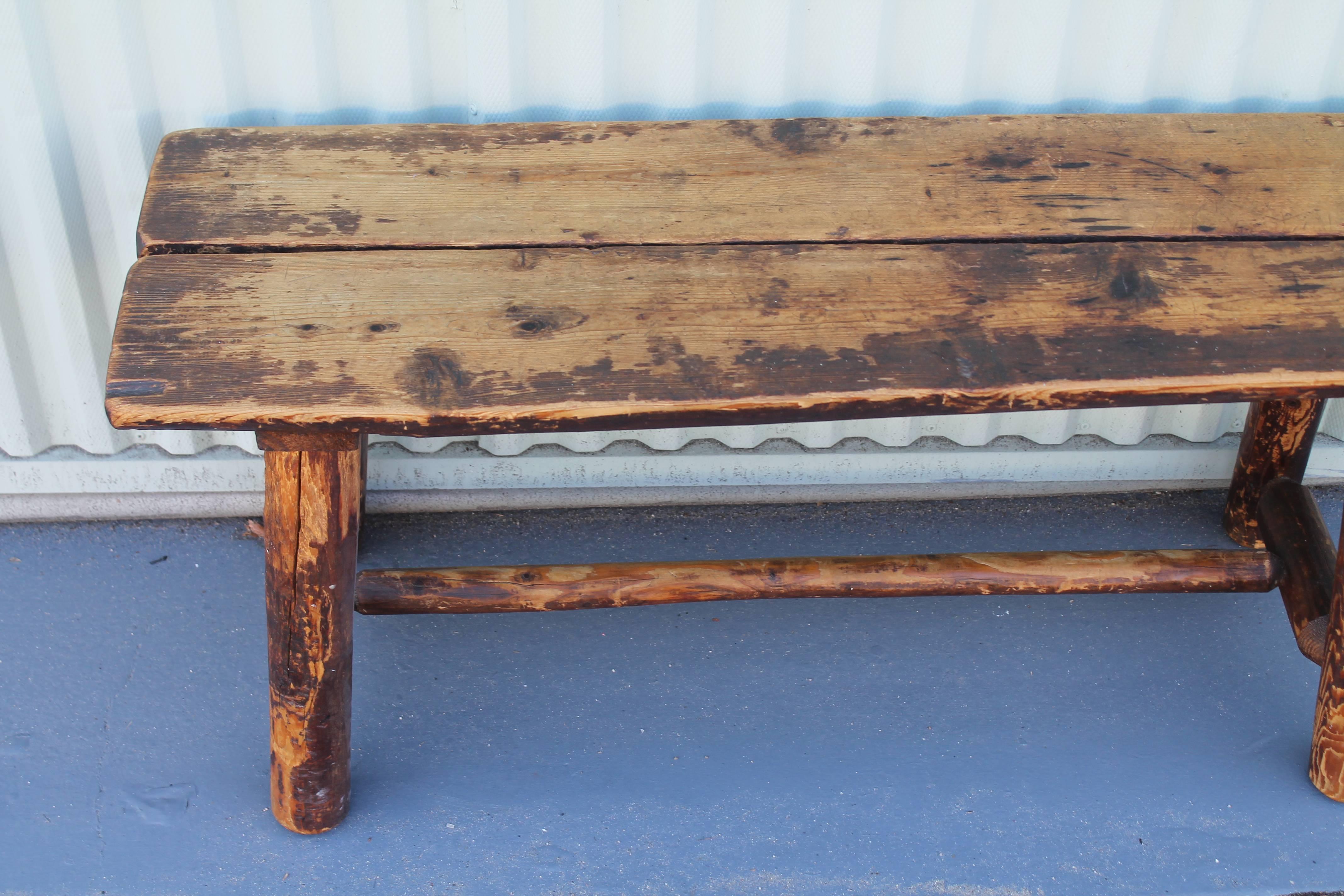 Fantastic Split Log Pine and Hickory Bench In Distressed Condition In Los Angeles, CA