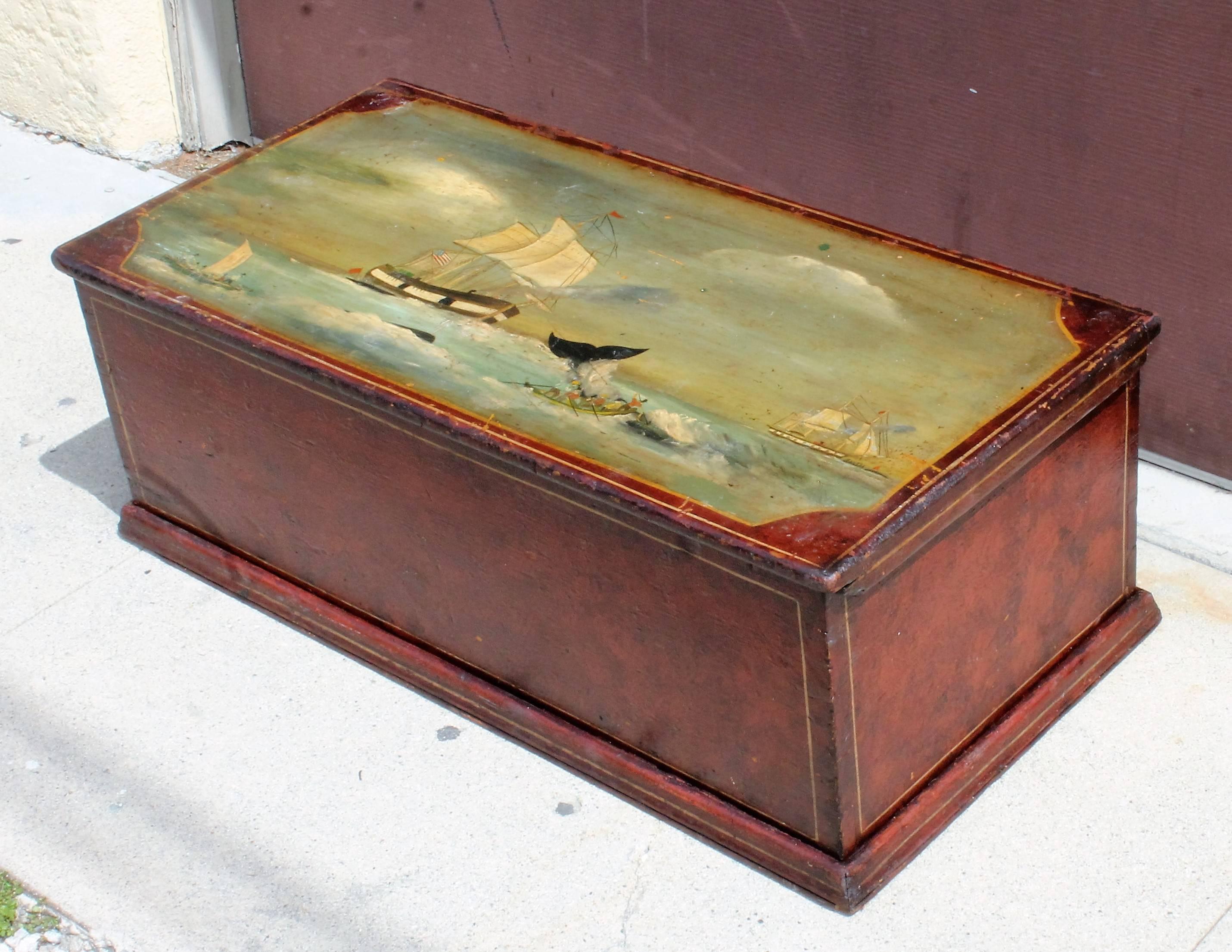 All original nautical decorated blanket chest from New England. The sides are all originally decorated. This item is dove tailed construction. All three sides are sponge decorated. This item has minor wear consistent with age and use.