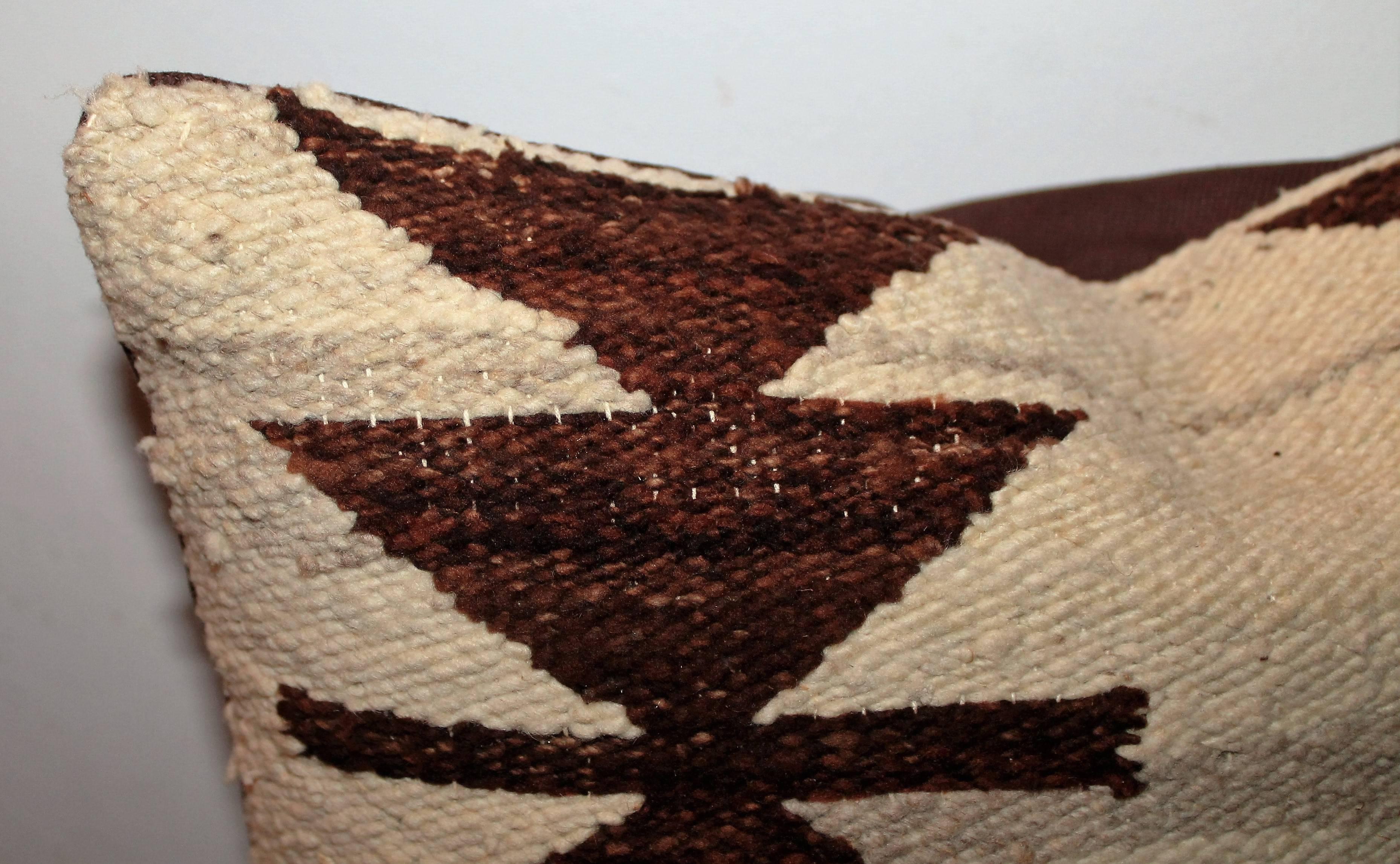 This unusual geometric Navajo weaving's are in great condition is a flying geese pattern. Sold as a pair only. The backing is in a brown cotton linen.