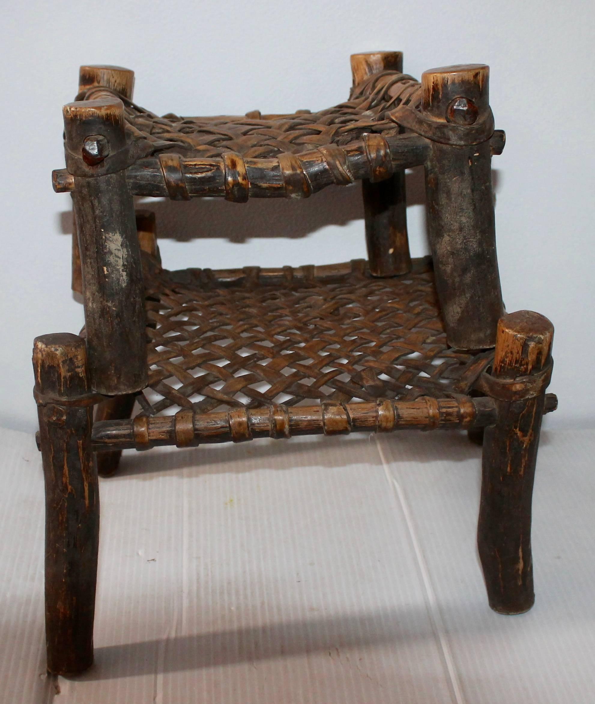 Country Pair of Rustic 19th Century Rawhide Woven Foot Stools