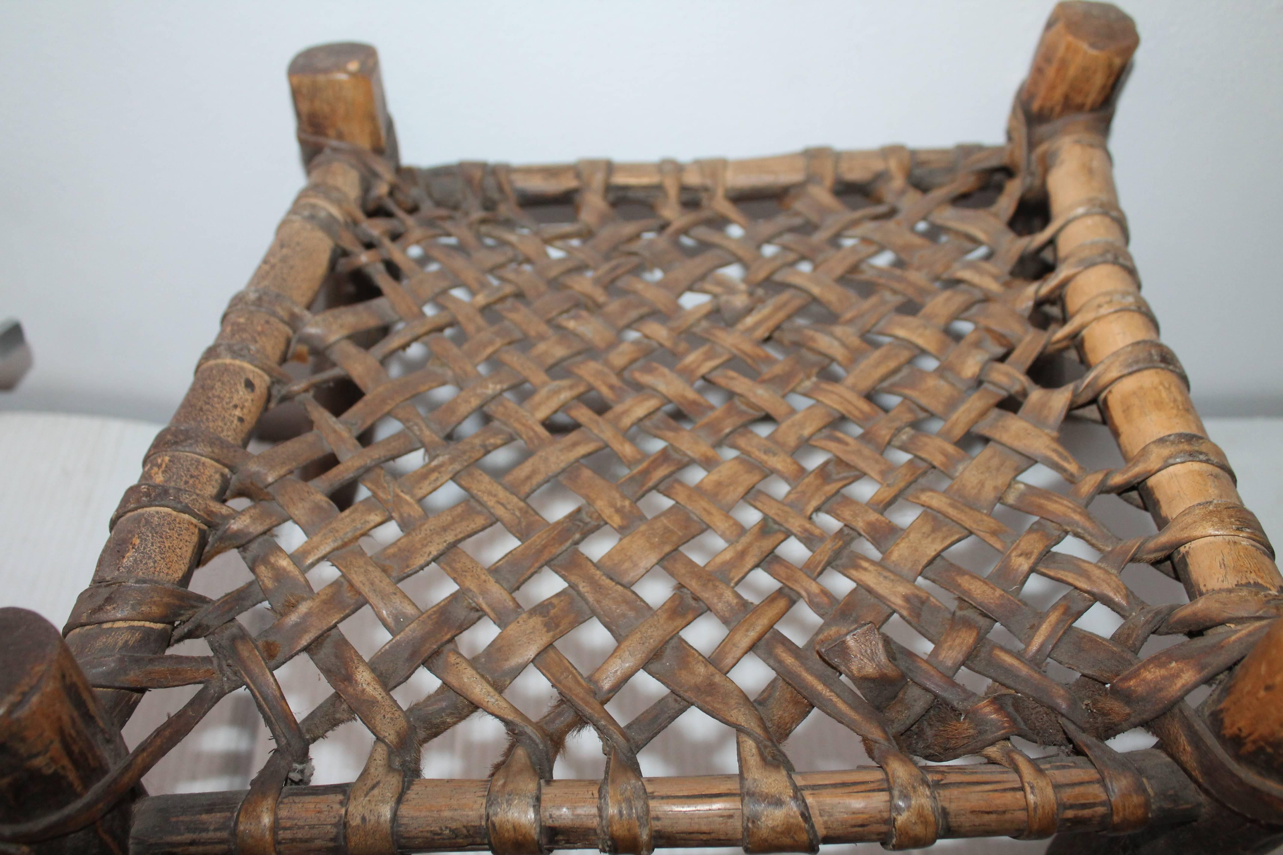 Hand-Woven Pair of Rustic 19th Century Rawhide Woven Foot Stools