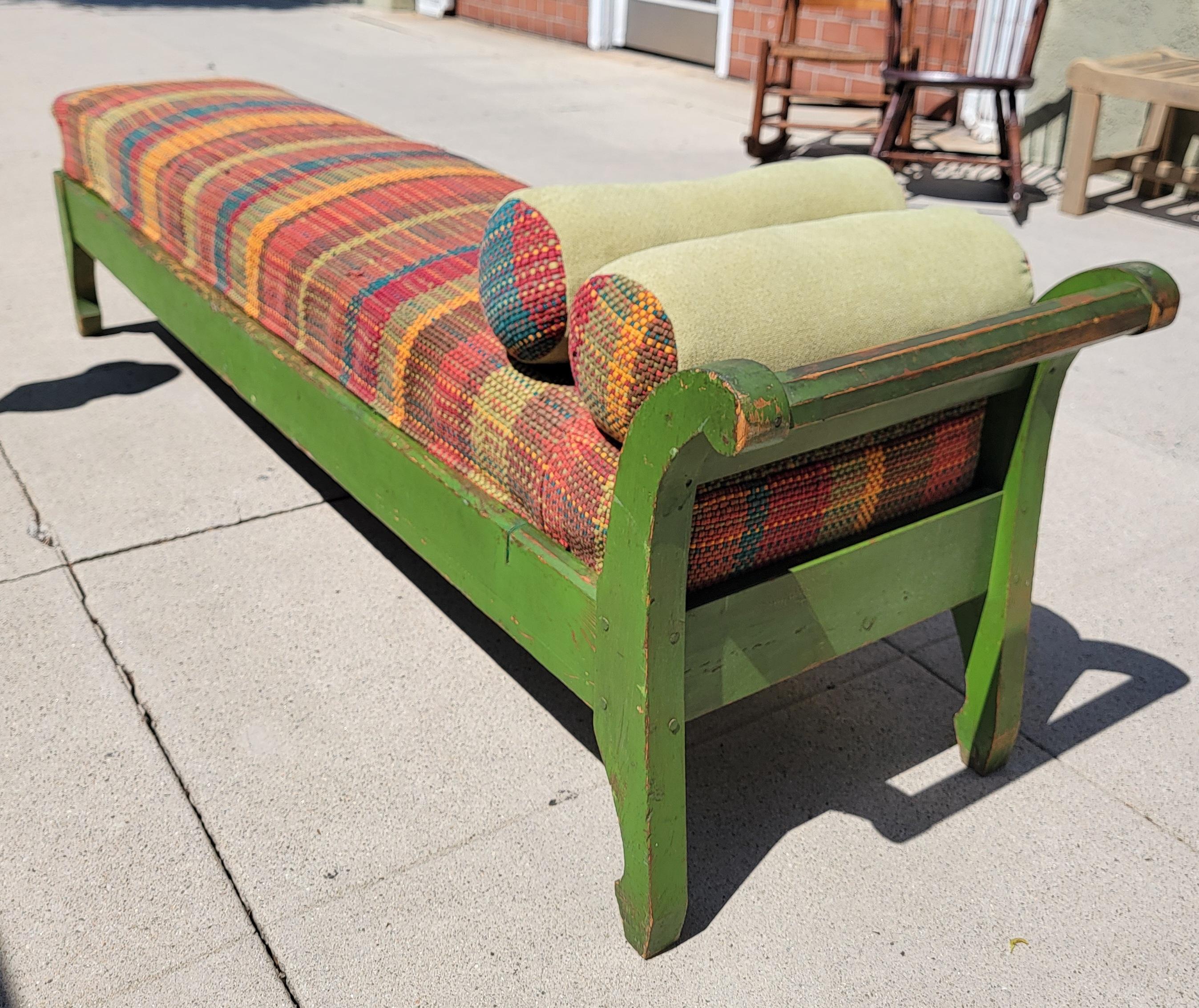 Hand-Crafted 19thc Green Painted  Green Day bed W/ Custom Made Rag Rug Cushions For Sale