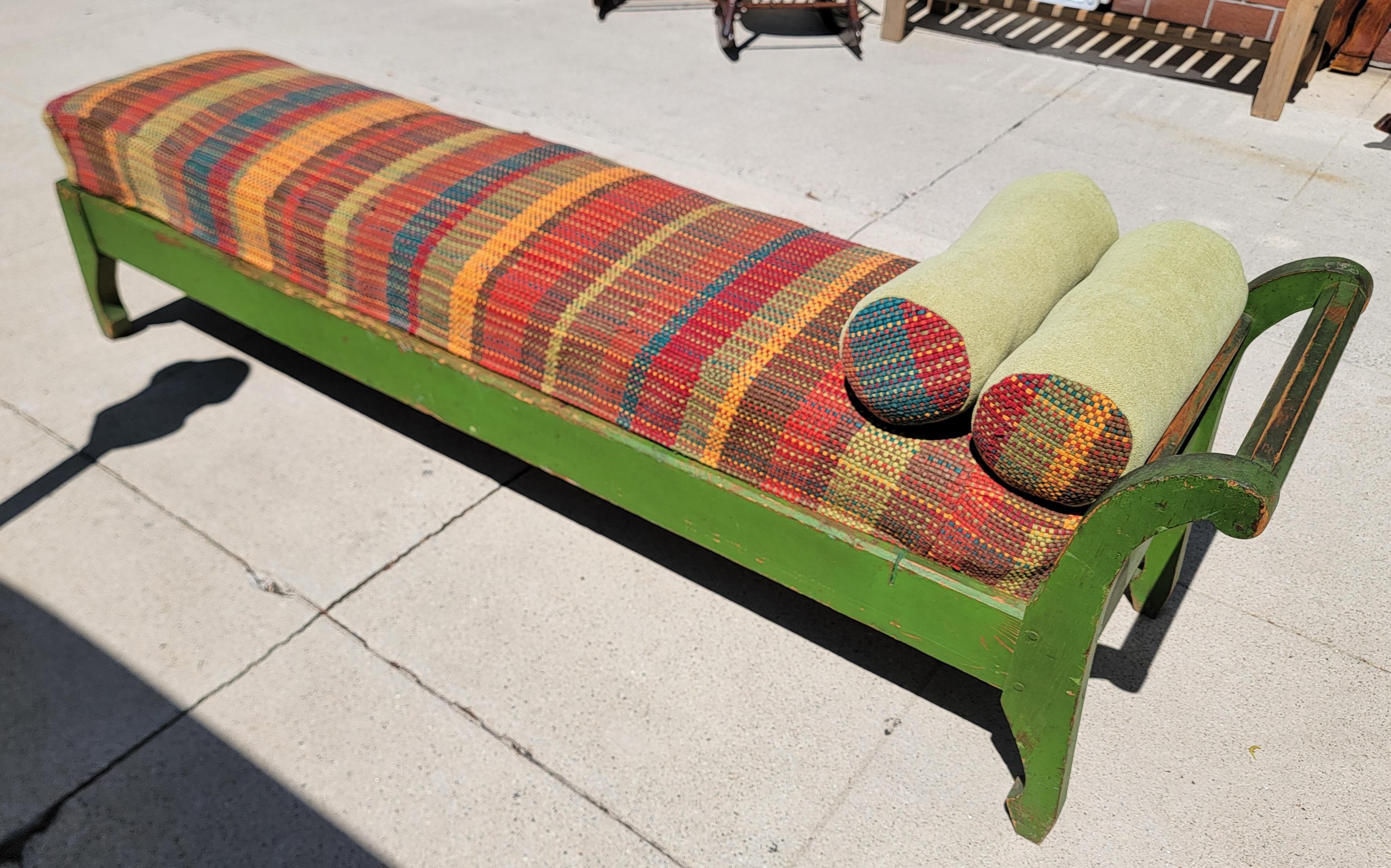 American 19thc Green Painted  Green Day bed W/ Custom Made Rag Rug Cushions For Sale