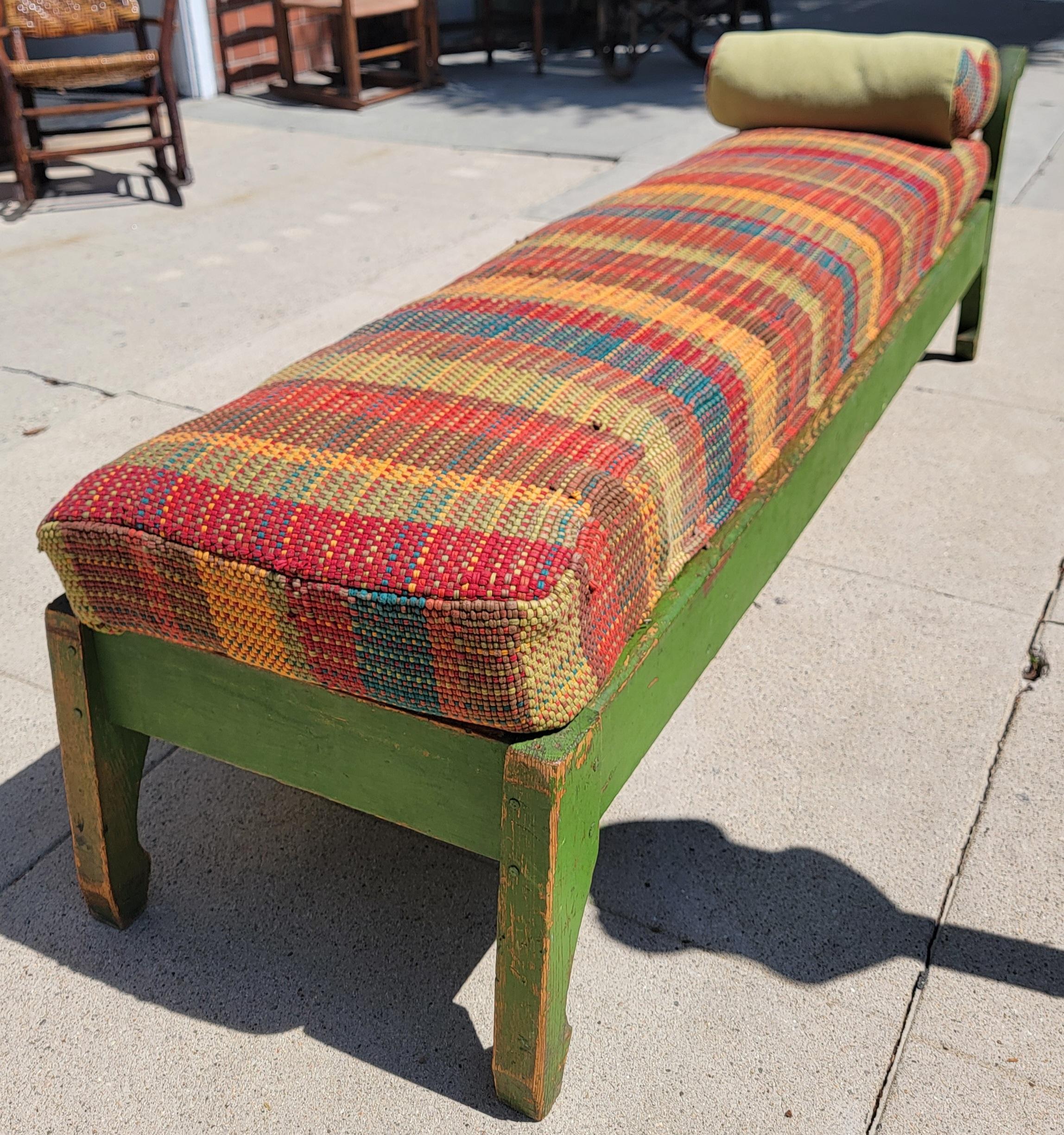 Adirondack 19thc Green Painted  Green Day bed W/ Custom Made Rag Rug Cushions For Sale