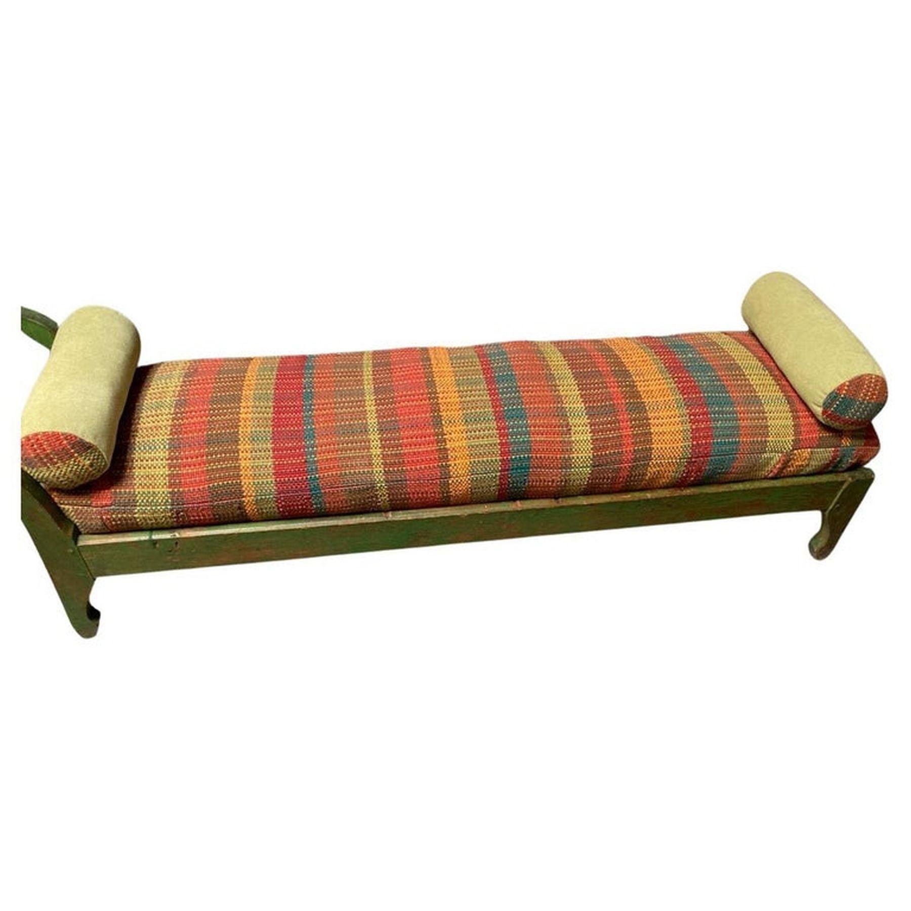 Wood 19thc Green Painted  Green Day bed W/ Custom Made Rag Rug Cushions For Sale