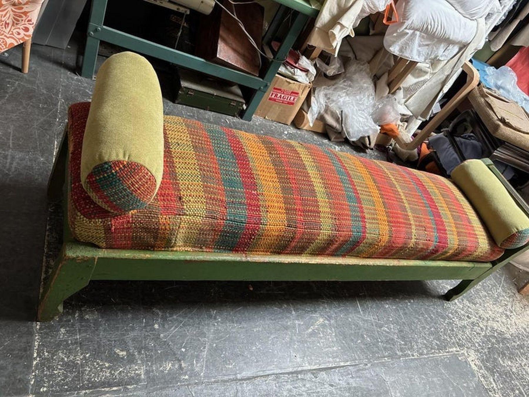 19th Century 19thc Green Painted  Green Day bed W/ Custom Made Rag Rug Cushions For Sale