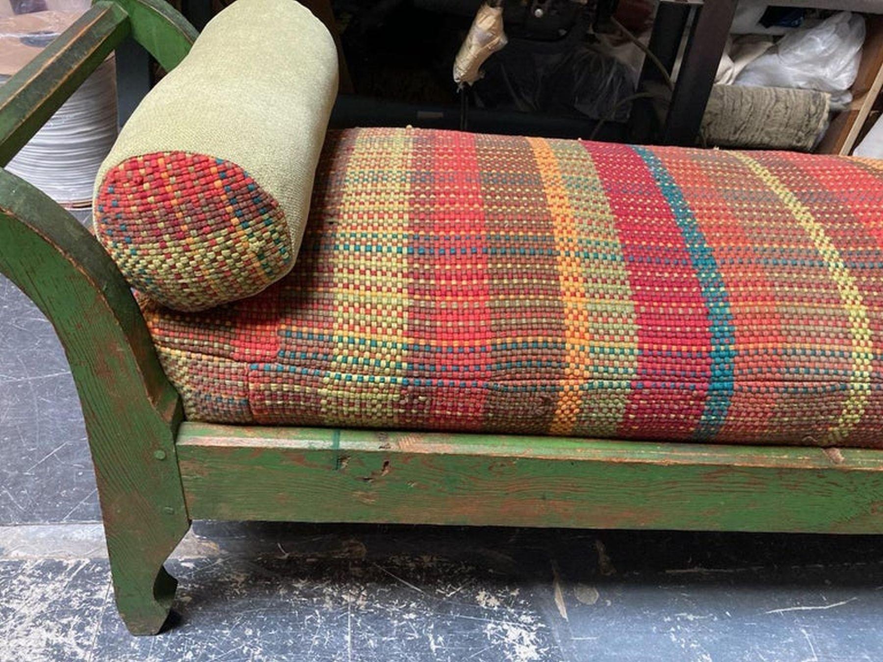 19thc Green Painted  Green Day bed W/ Custom Made Rag Rug Cushions For Sale 1