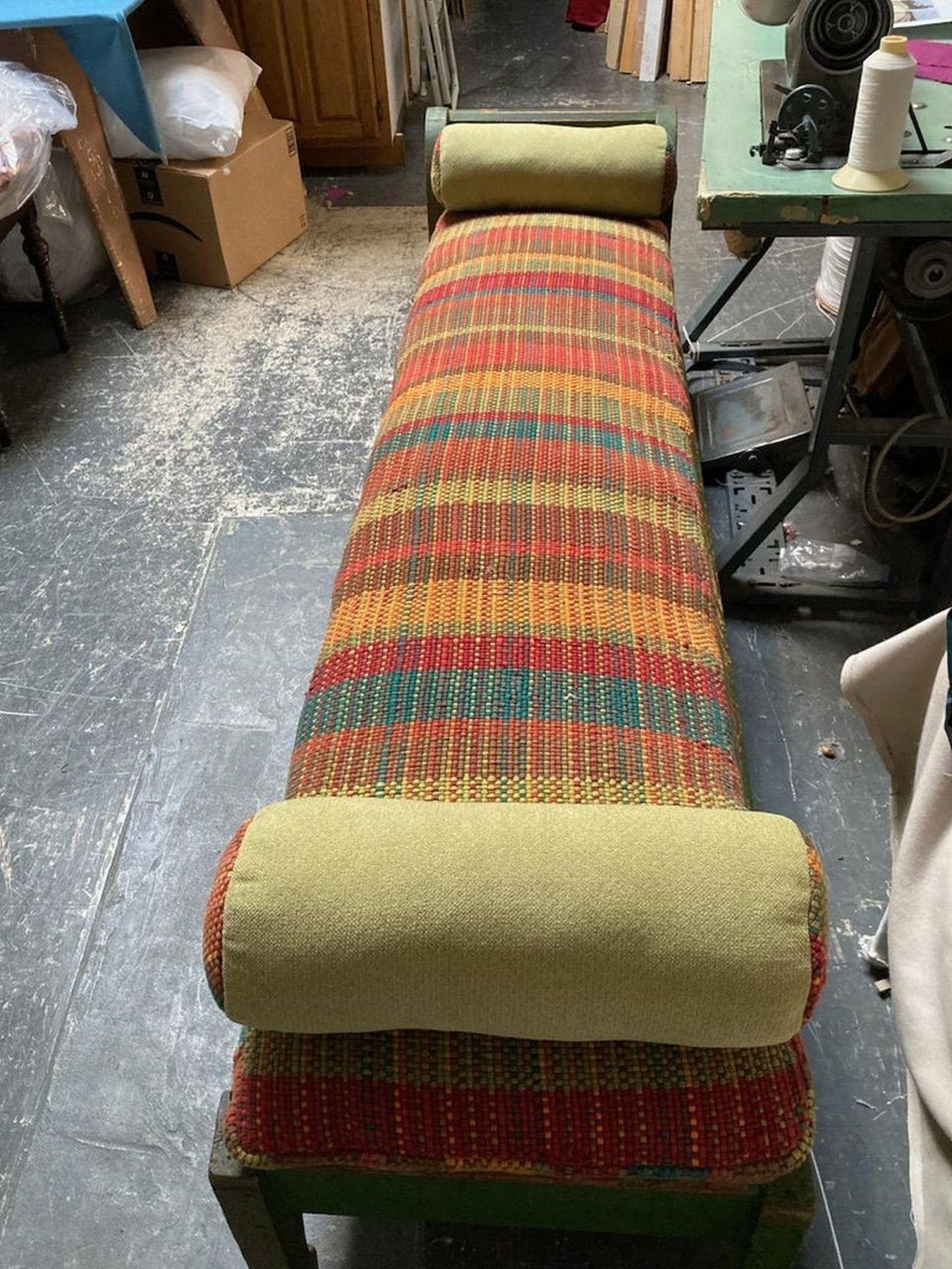 19thc Green Painted  Green Day bed W/ Custom Made Rag Rug Cushions For Sale 2