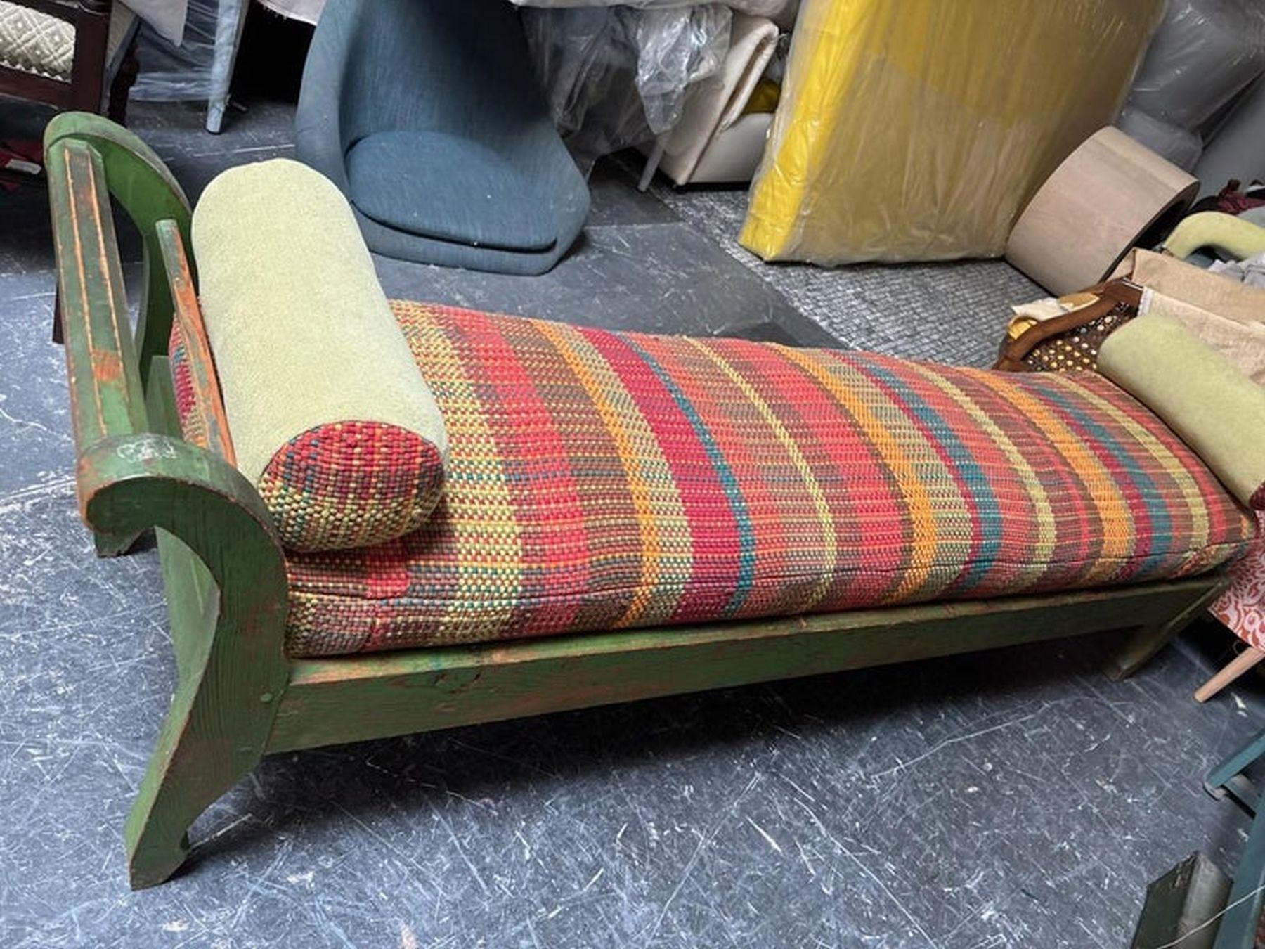19thc Green Painted  Green Day bed W/ Custom Made Rag Rug Cushions For Sale 4