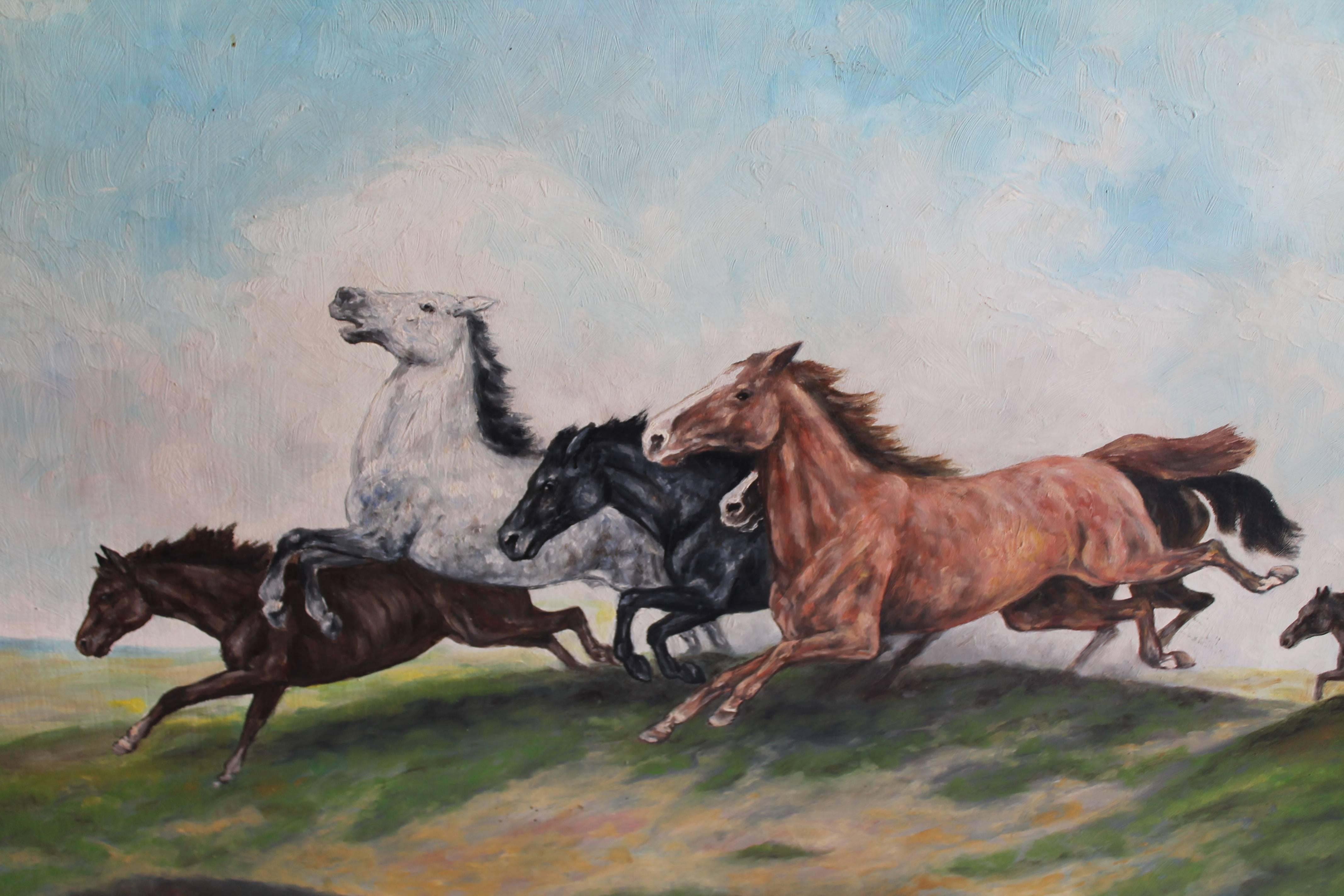 Pintura al óleo de caballos sobre tabla firmada Adirondack en venta