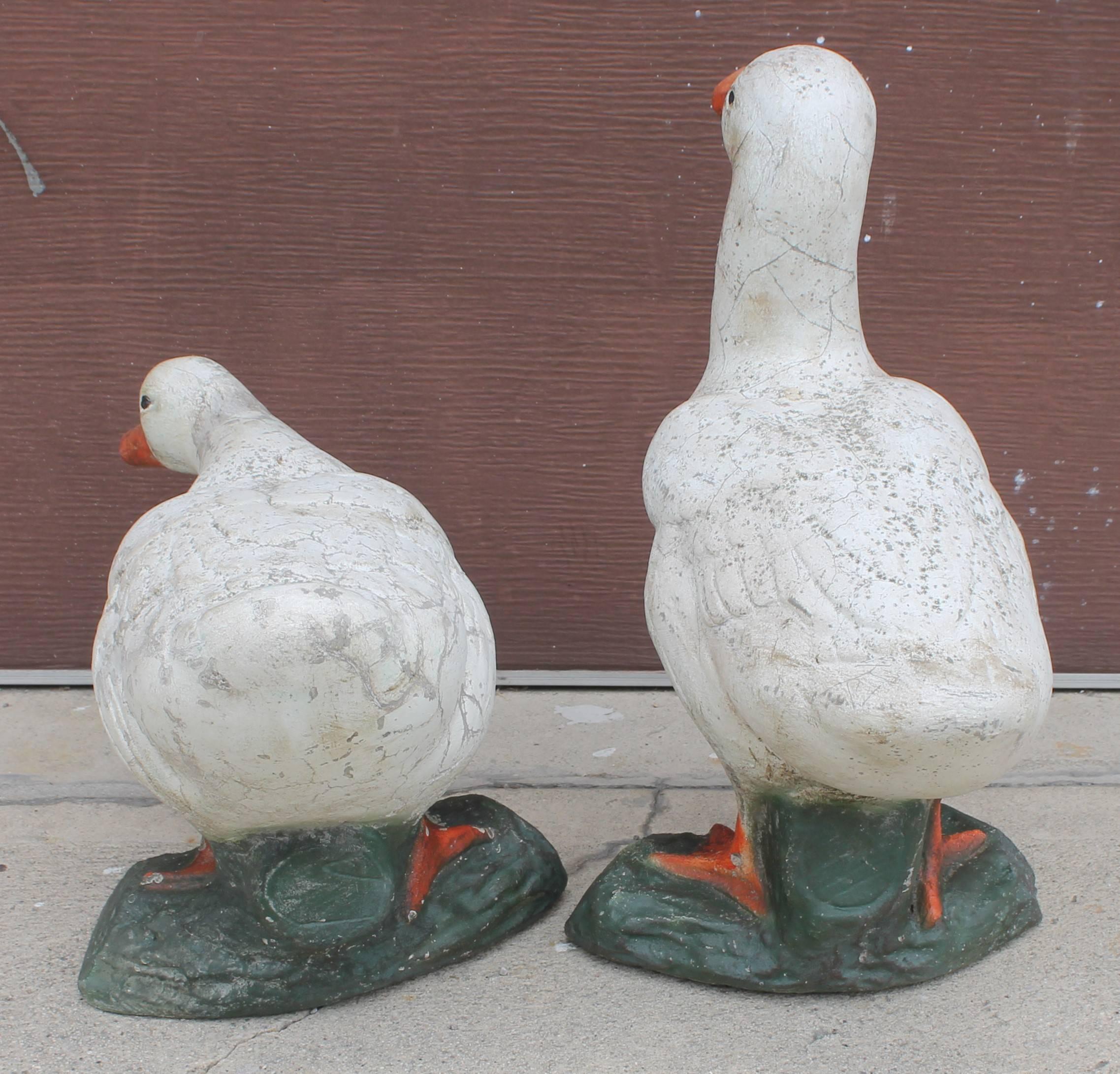 American Pair of Folky Painted Concrete Ducks Garden Statues