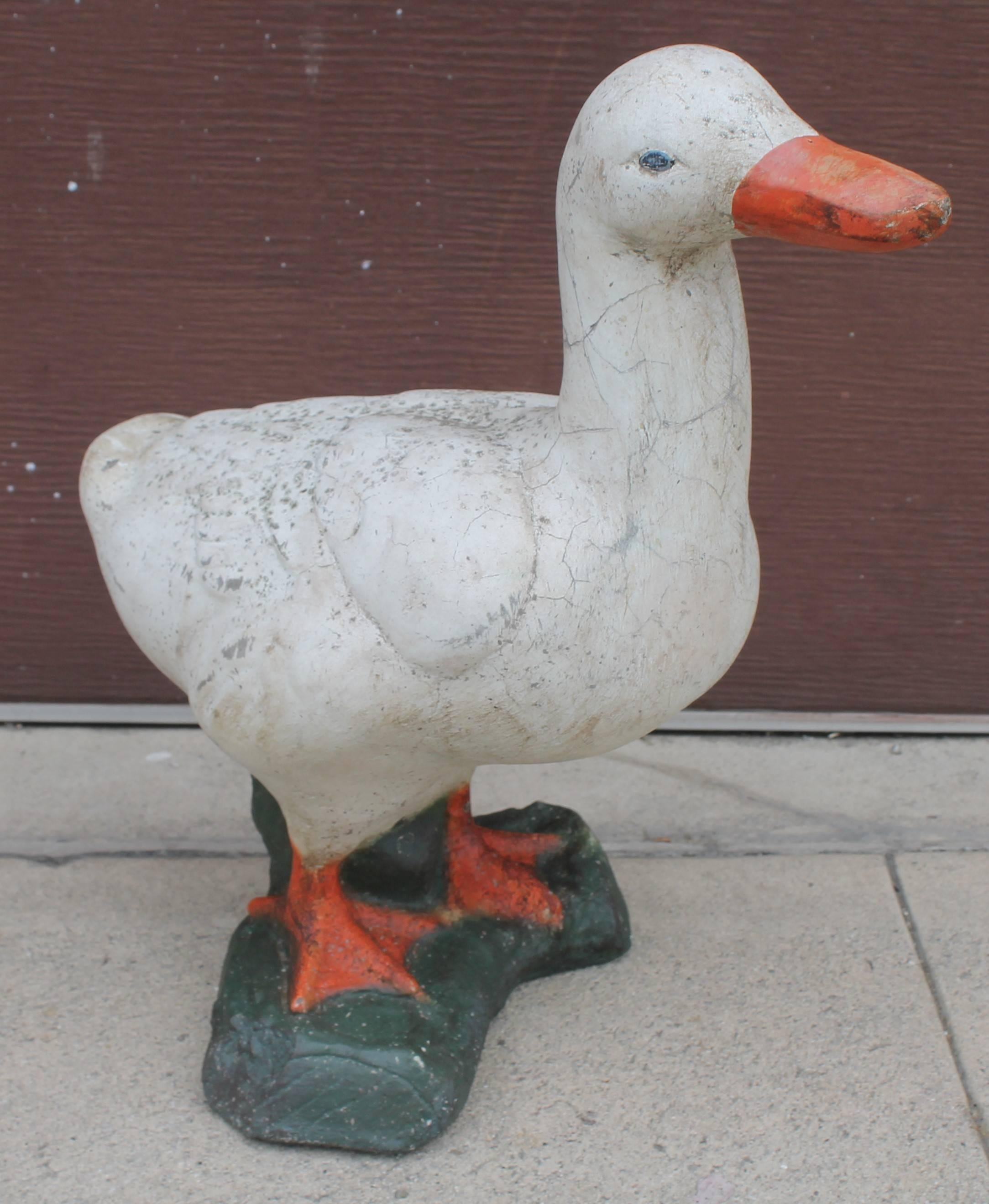 Pair of Folky Painted Concrete Ducks Garden Statues In Distressed Condition In Los Angeles, CA