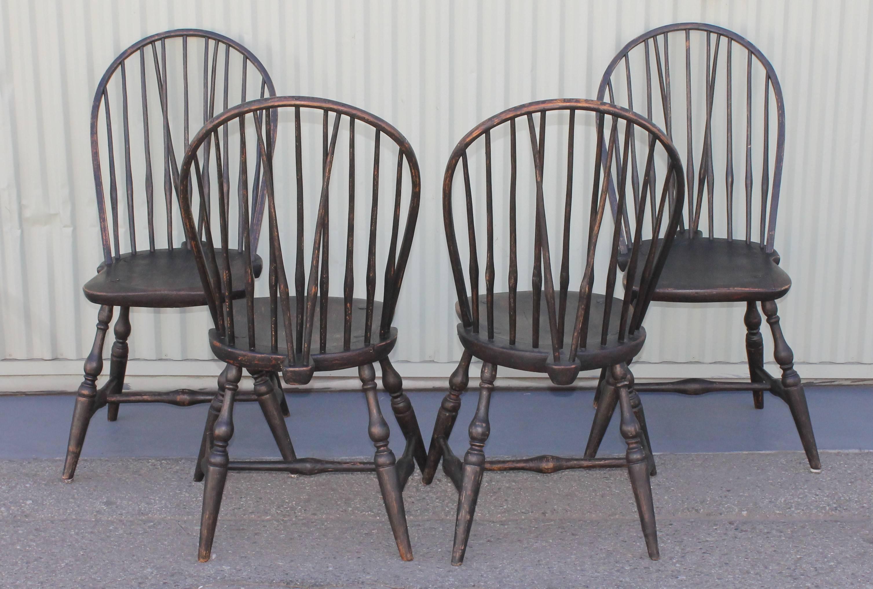 American 18th Century Set of Four Brace Back, New England, Windsor Chairs